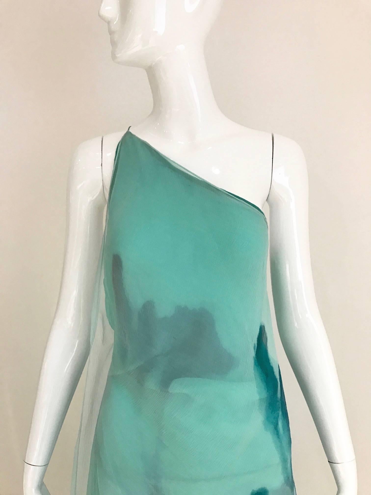  Donna Karan Minty Green Ombre Silk Chiffon Asymetrical Dress In Excellent Condition In Beverly Hills, CA