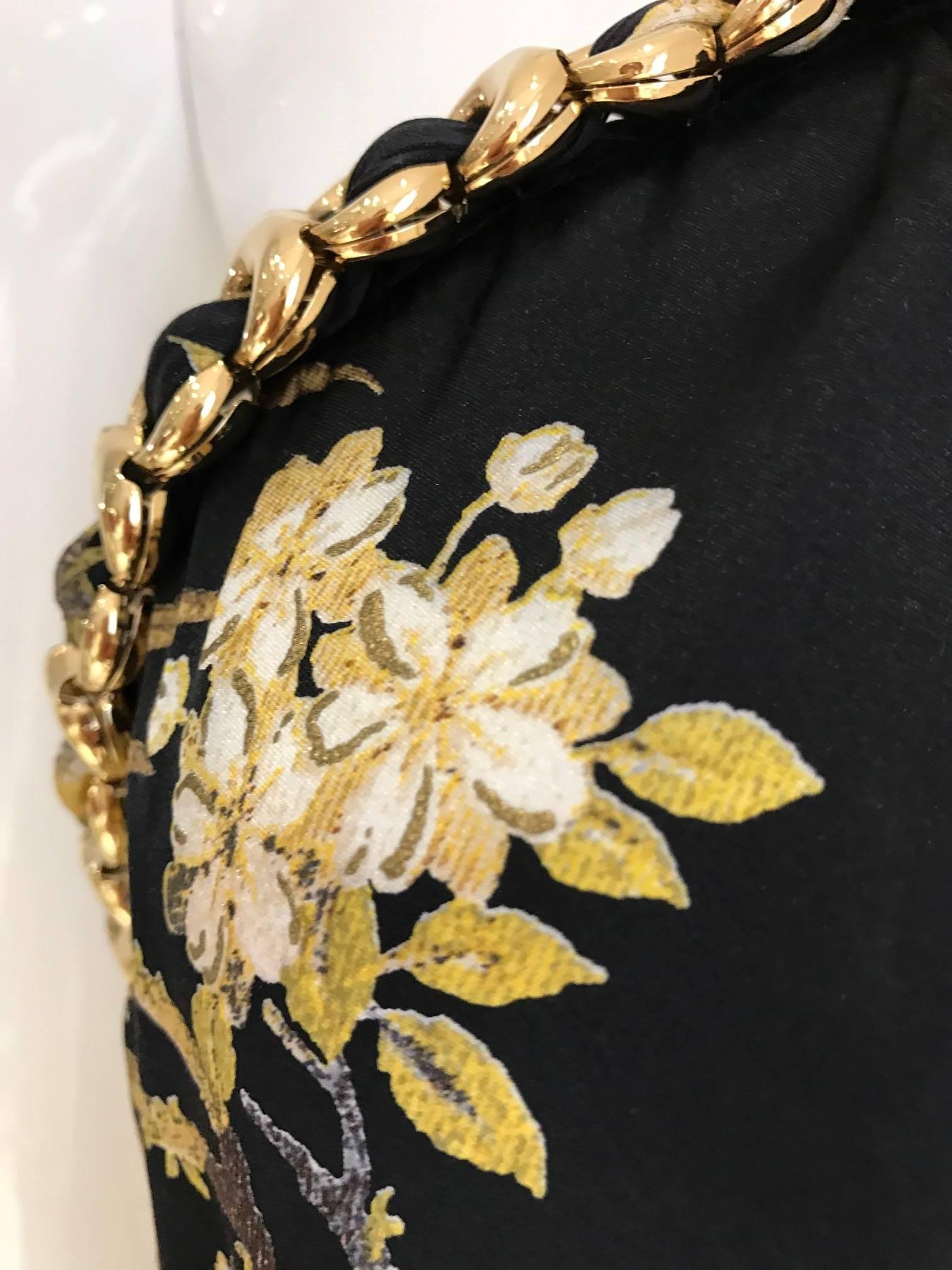 Black Roberto Cavalli black and gold floral print  silk print halter chain top