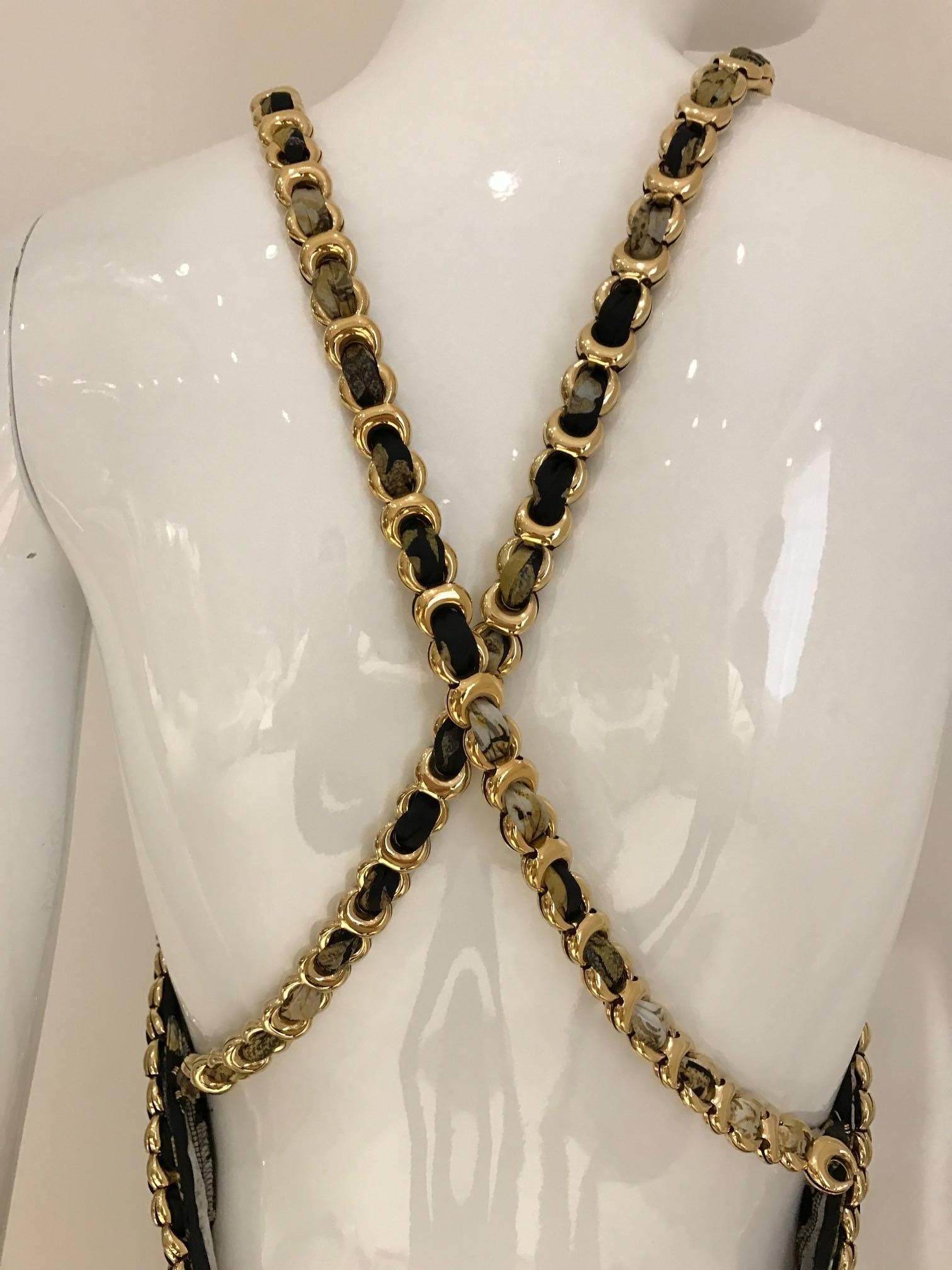 Roberto Cavalli black and gold floral print  silk print halter chain top In Excellent Condition In Beverly Hills, CA