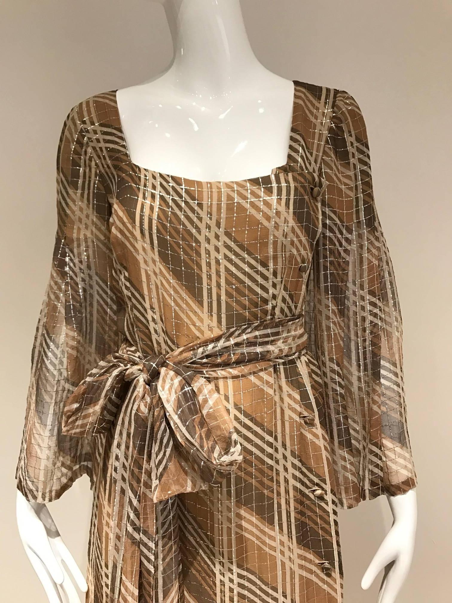 1970s Pauline Trigere light brown and silver plaid metallic plaid dress. 
Size 6/ Medium