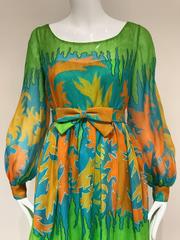 1970s Malcolm Starr green silk print maxi dress