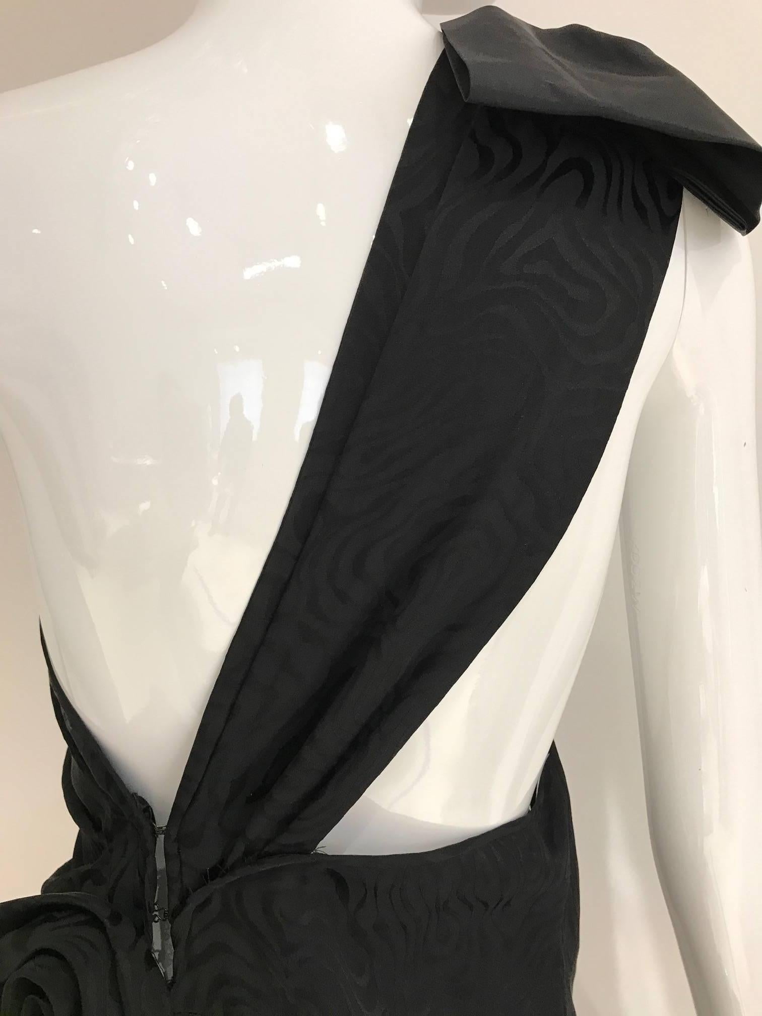 Women's Vintage 1990s Ungaro Black Silk Jacquard One Shoulder Bow Cocktail Dress