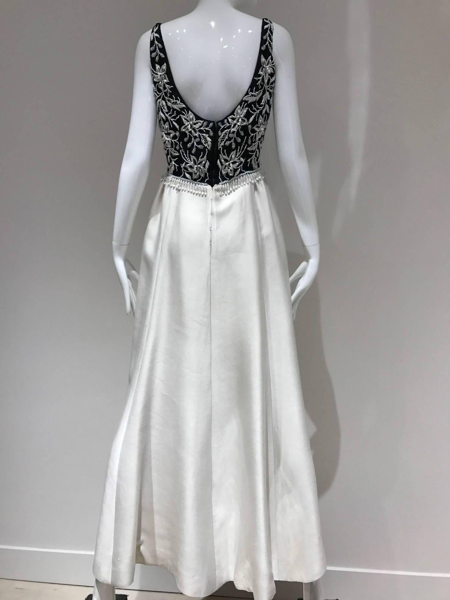 Beige 1960s Malcolm Starr Black and Off White Sleeveless Beaded Vintage 60s  Gown