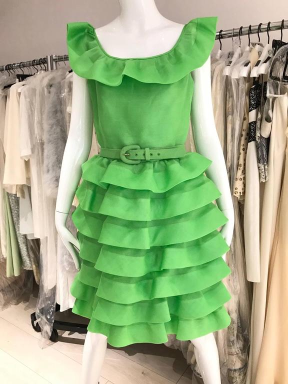 80s Oscar De La Renta Lime Green organza ruffle cocktail dress at 1stdibs
