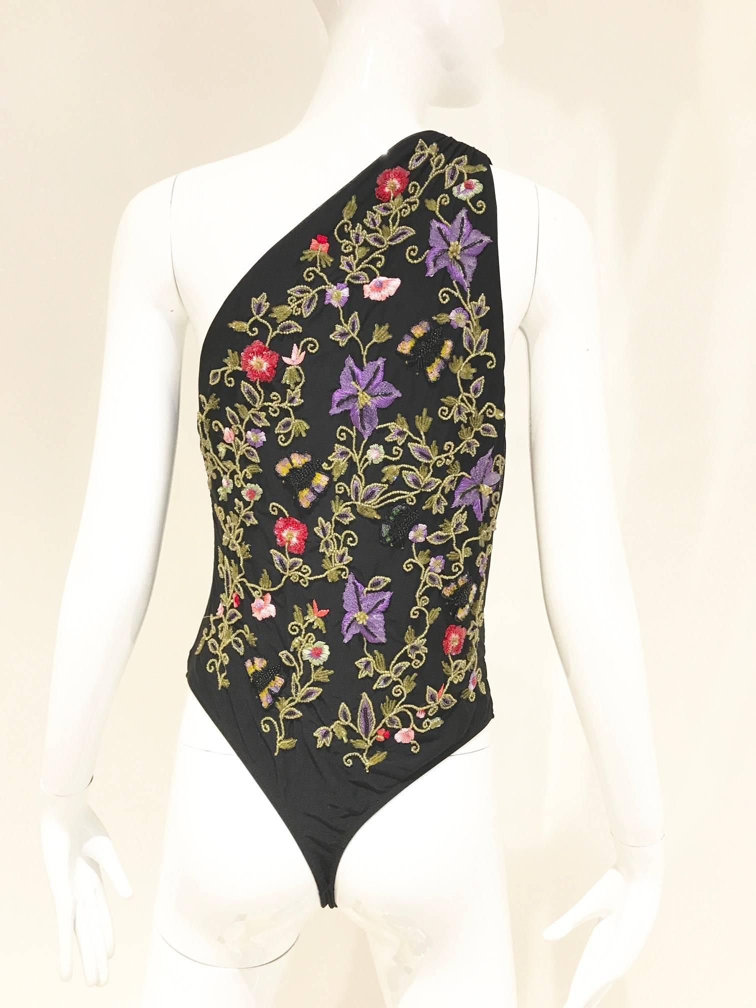 Black  Giorgio Armani Multi Color Floral Beaded Cut Out Body Suit