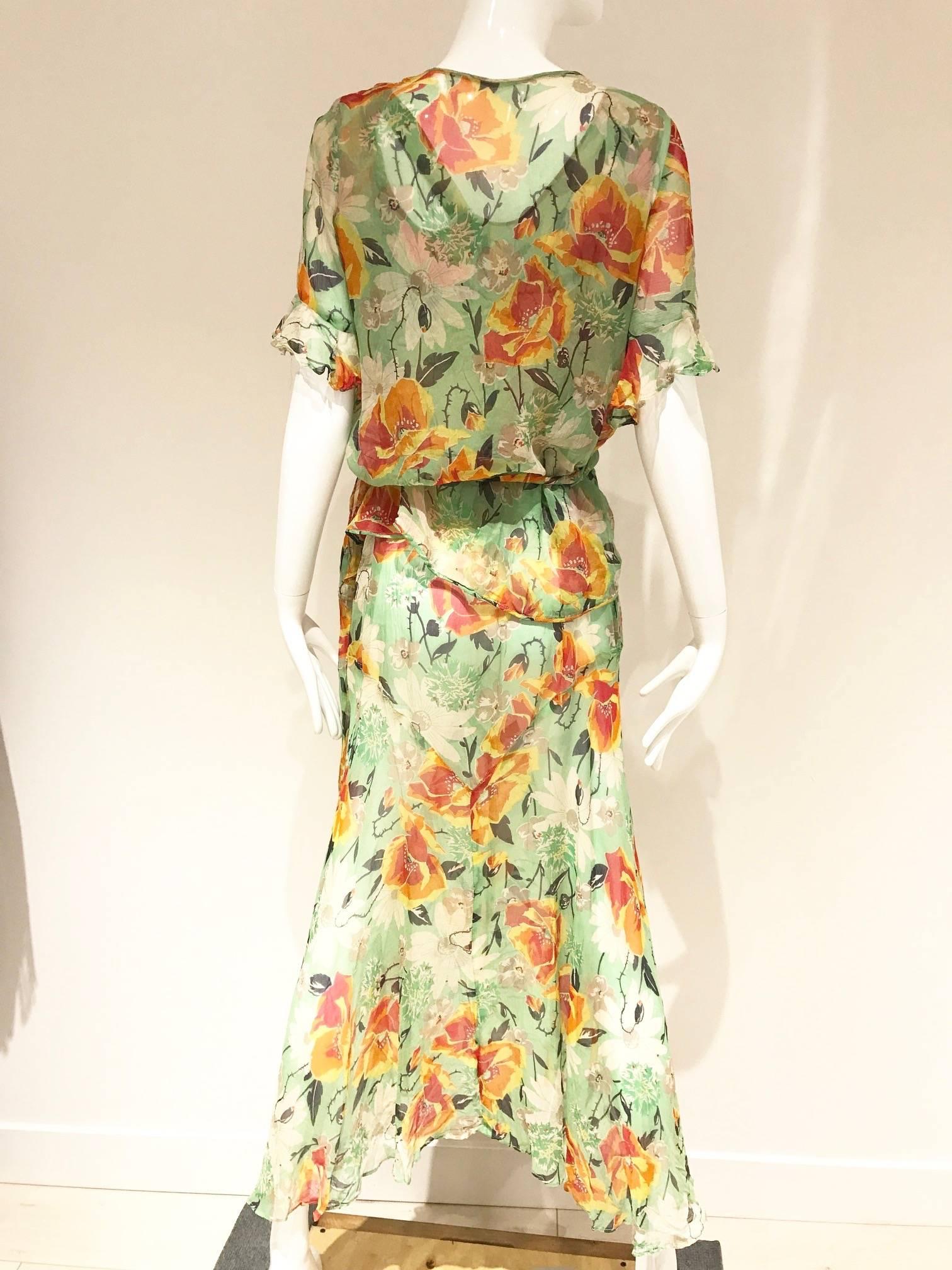 Beige 1930s green silk floral print dress with wrap jacket
