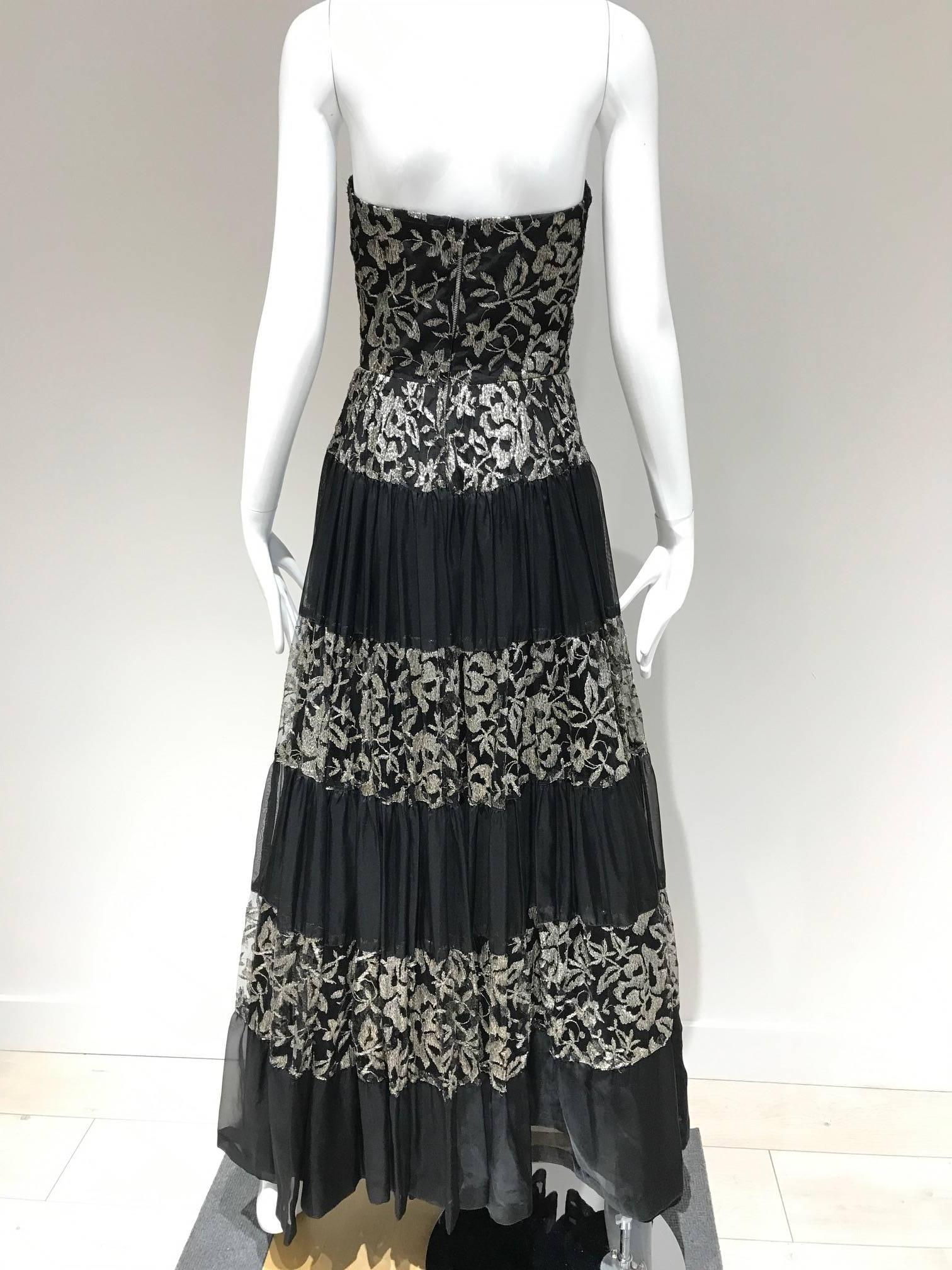 Black 1930s strapless silver lame embroidered strapless cocktail dress For Sale
