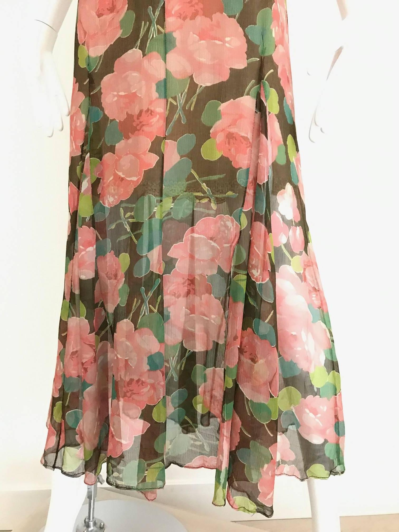 Women's 1930s Peach and Green Floral Print Silk Dress