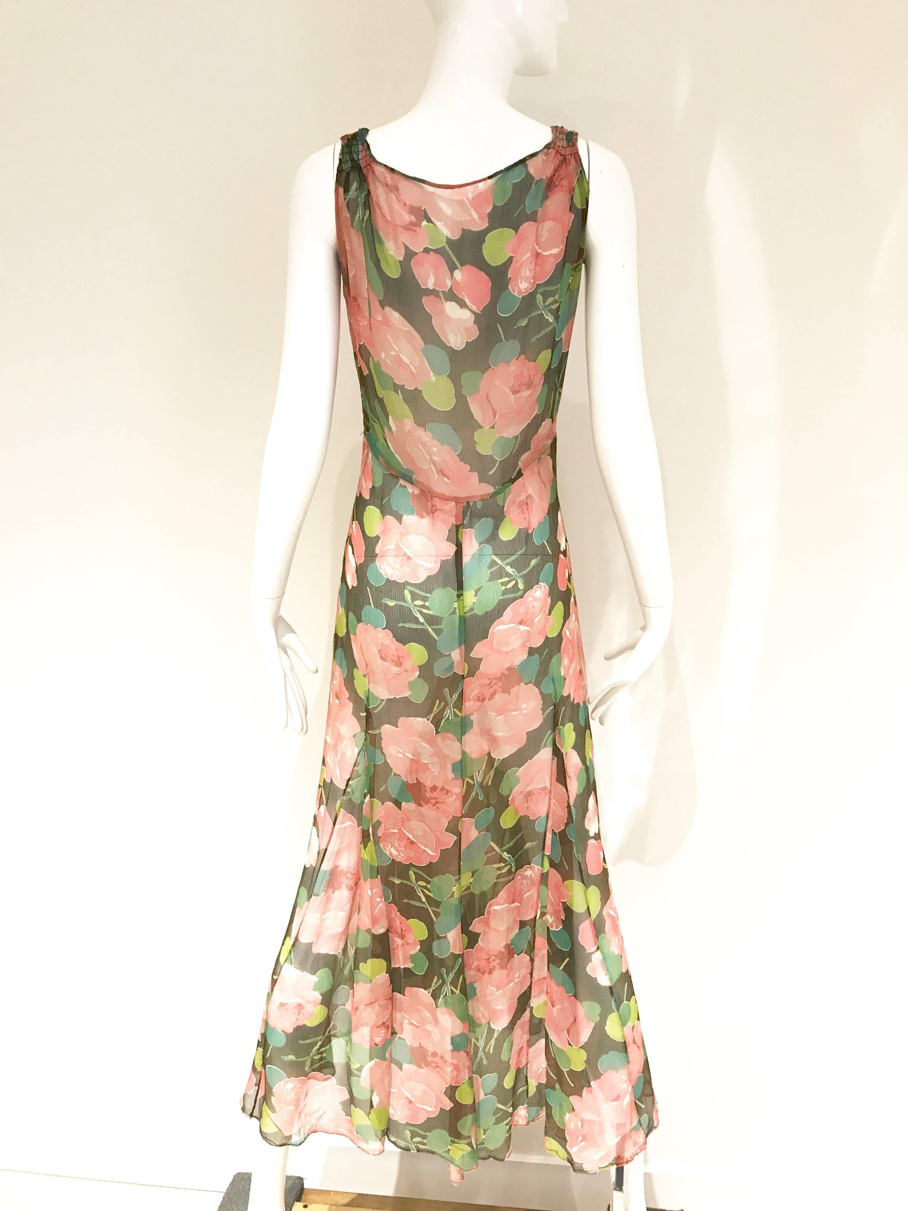 Brown 1930s Peach and Green Floral Print Silk Dress