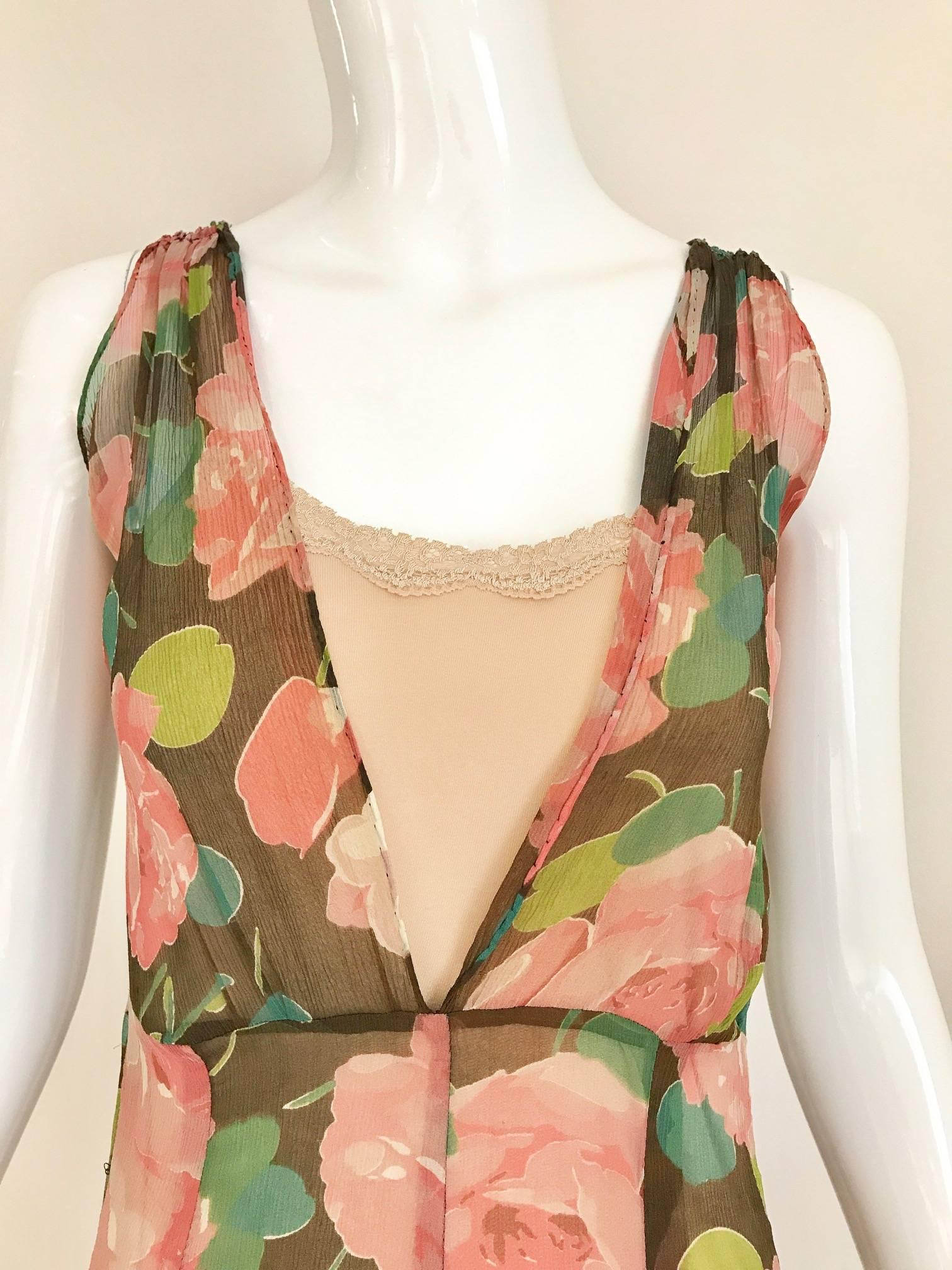 1930s Peach and Green Floral Print Silk Dress In Good Condition In Beverly Hills, CA