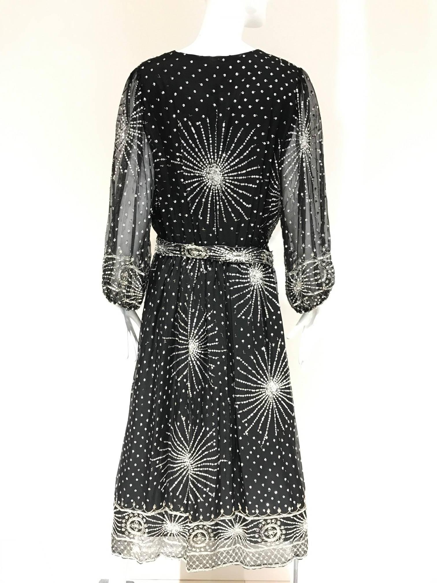 1970s Black Silk Dress with Silver Sequin In Good Condition In Beverly Hills, CA