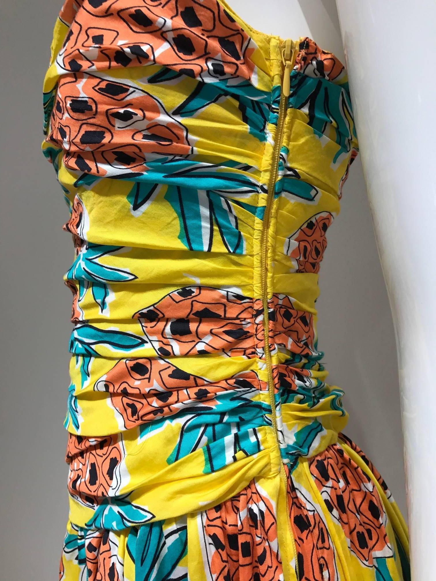 Vintage LOUIS FERAUD Yellow Pineapple Print Cotton Spaghetti Stap Summer Dress In Excellent Condition In Beverly Hills, CA