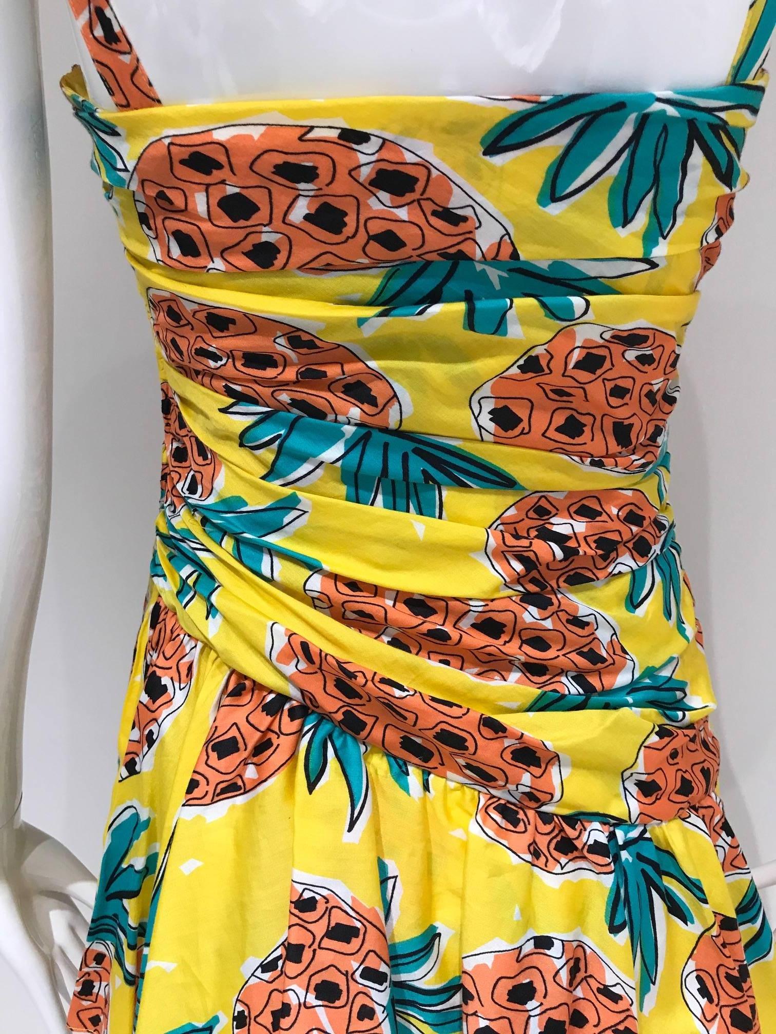 Women's Vintage LOUIS FERAUD Yellow Pineapple Print Cotton Spaghetti Stap Summer Dress