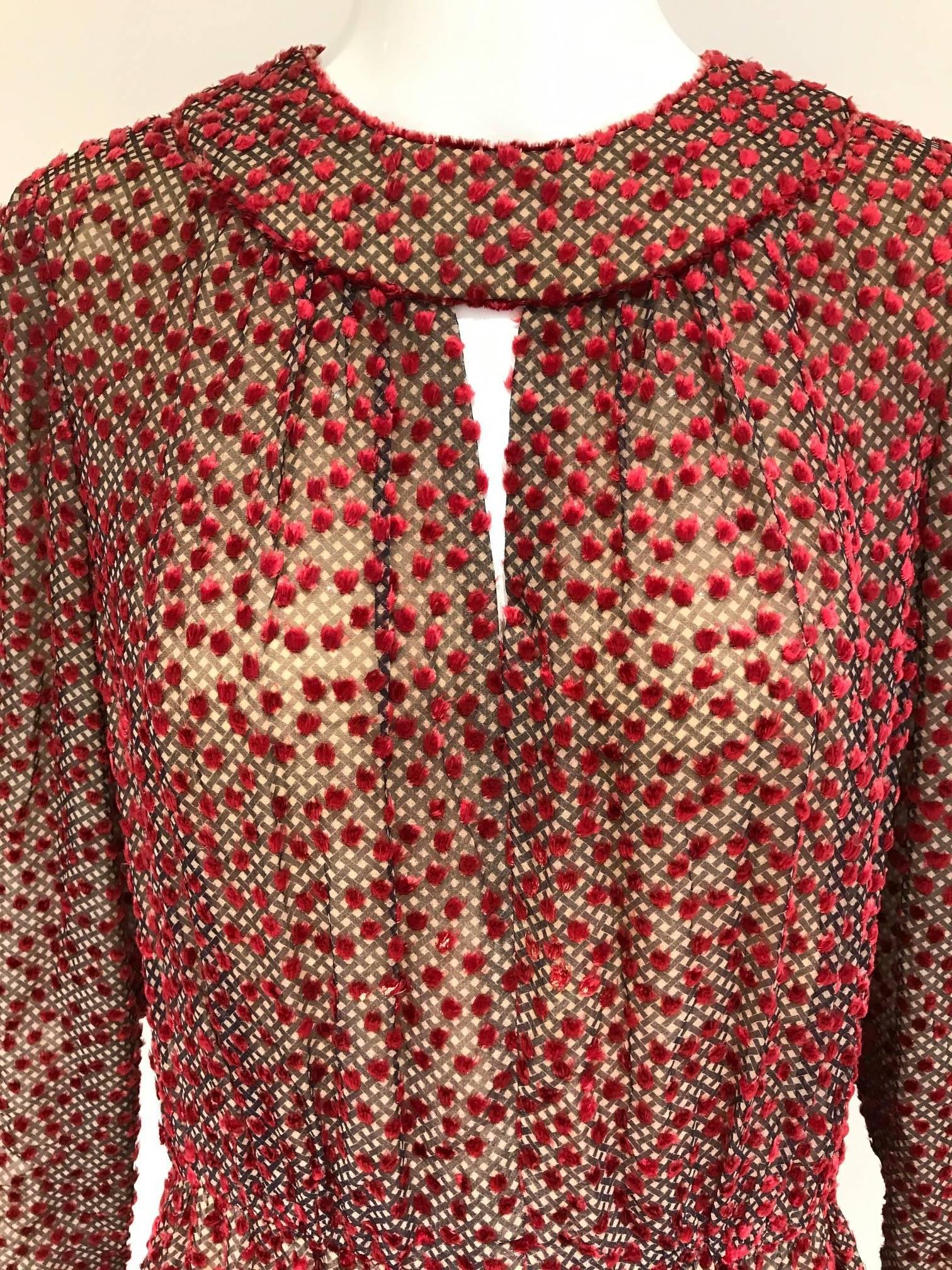 1970s Jean Louis Red Silk Velvet Long Sleeve Maxi dress 1