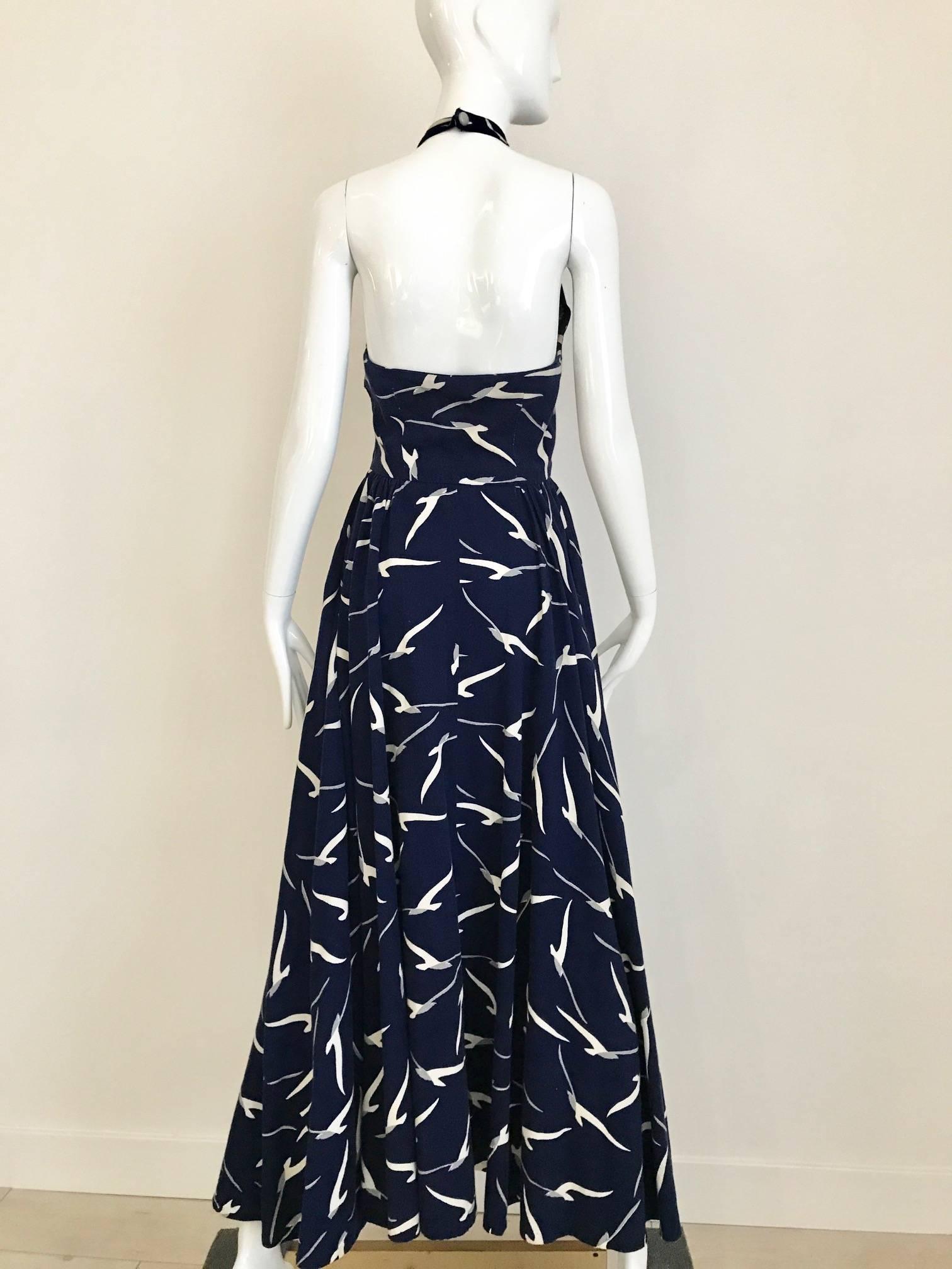 Women's 1970s Blue and White Seagull Print Halter Cotton Maxi Vintage 70s Dress