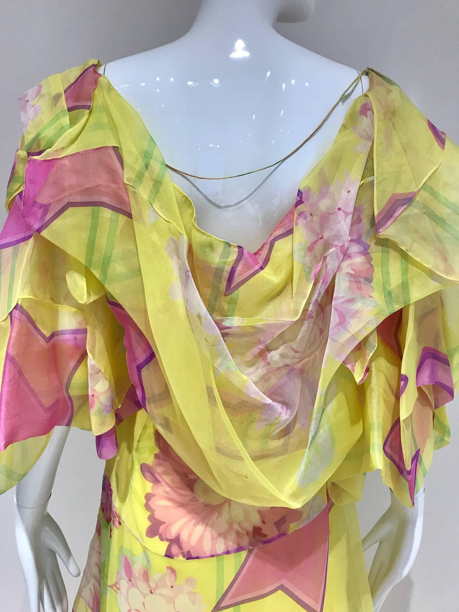RARE Runway CHRISTIAN DIOR Yellow and Pink Print Silk Dress  In Good Condition In Beverly Hills, CA
