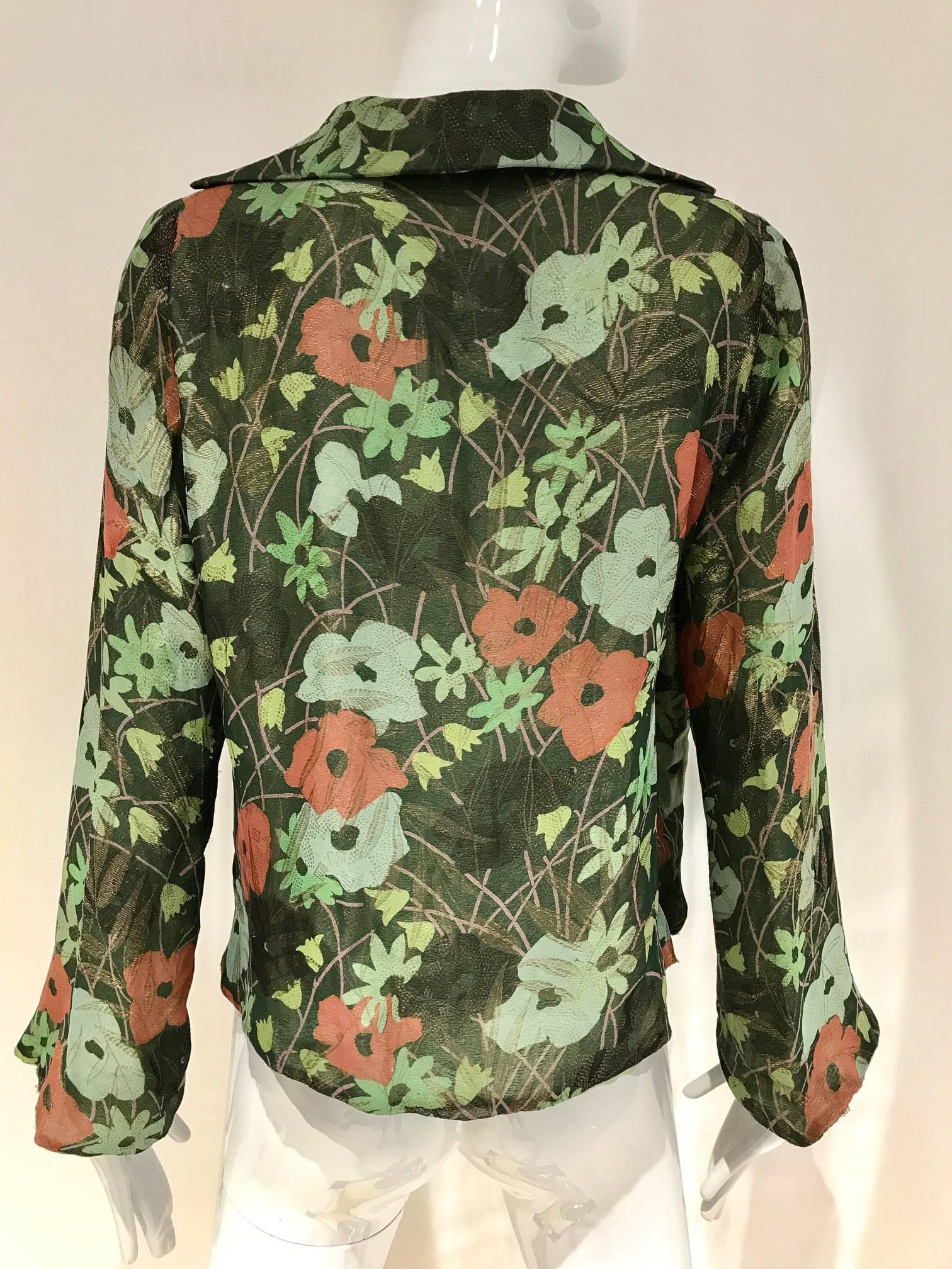 Antique 1920s art deco green, yellow, orange and metallic print floral print silk lamé light jacket . fit size 4/6. Medium size
 Perfect jacket for 1920s downton abbey costume party.
*** small stains inside lining and small thread coming undone on