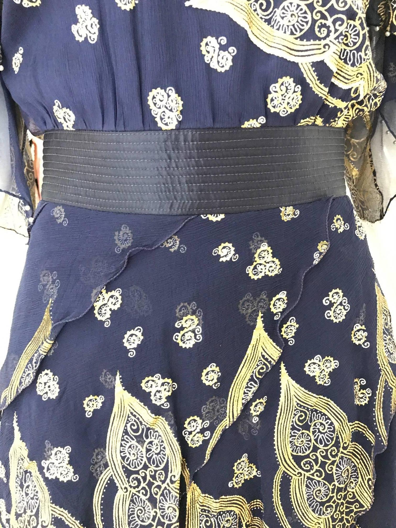 Women's Vintage Zandra Rhodes 1980s Blue and gold hand print silk cocktail dress For Sale