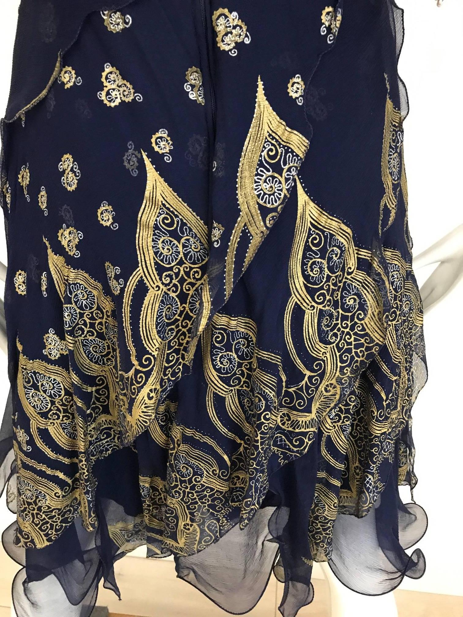 Vintage Zandra Rhodes 1980s Blue and gold hand print silk cocktail dress For Sale 2