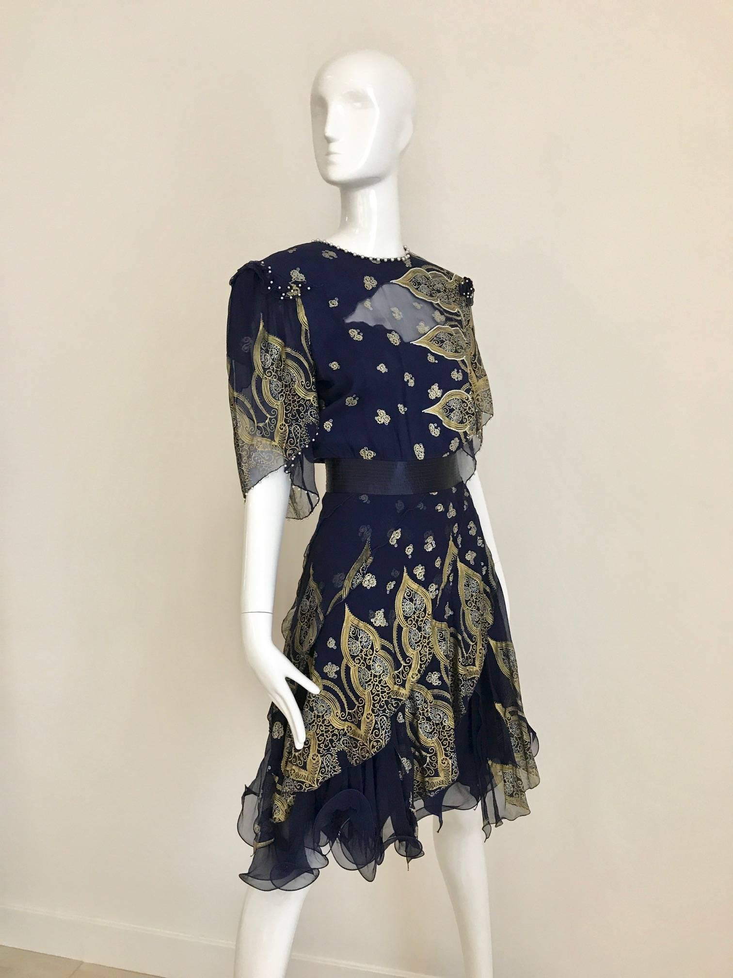 Vintage Zandra Rhodes 1980s Blue and gold hand print silk cocktail dress For Sale 1