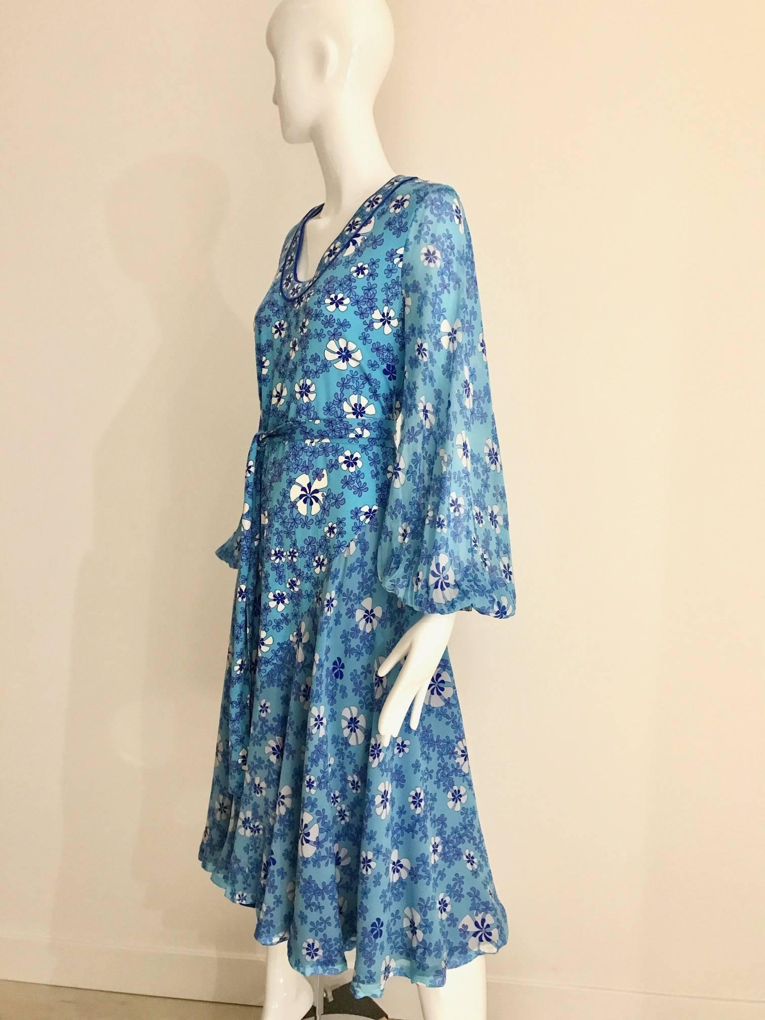 Blue 1970s Light silk jersey Bessi blue and white floral  print summer dress