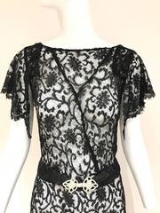 Bautiful 1930s Black Lace Floral Pattern Cocktail Gown with Rhinestones Belt