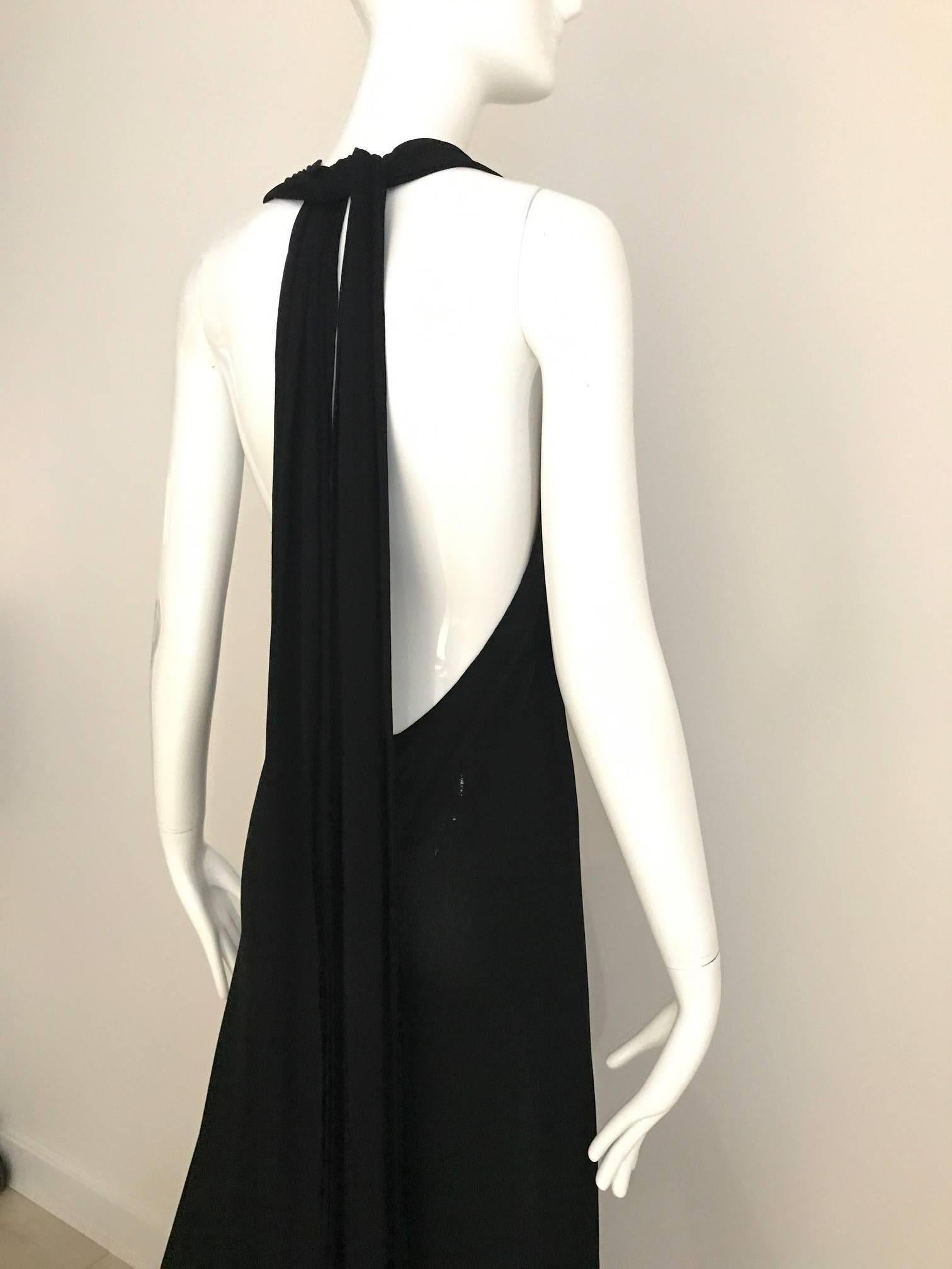 1970s HALSTON Black Jersey Plunging Neckline 70s Vintage Gown with long train 1