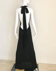1970s HALSTON Black Jersey Plunging Neckline 70s Vintage Gown with long train