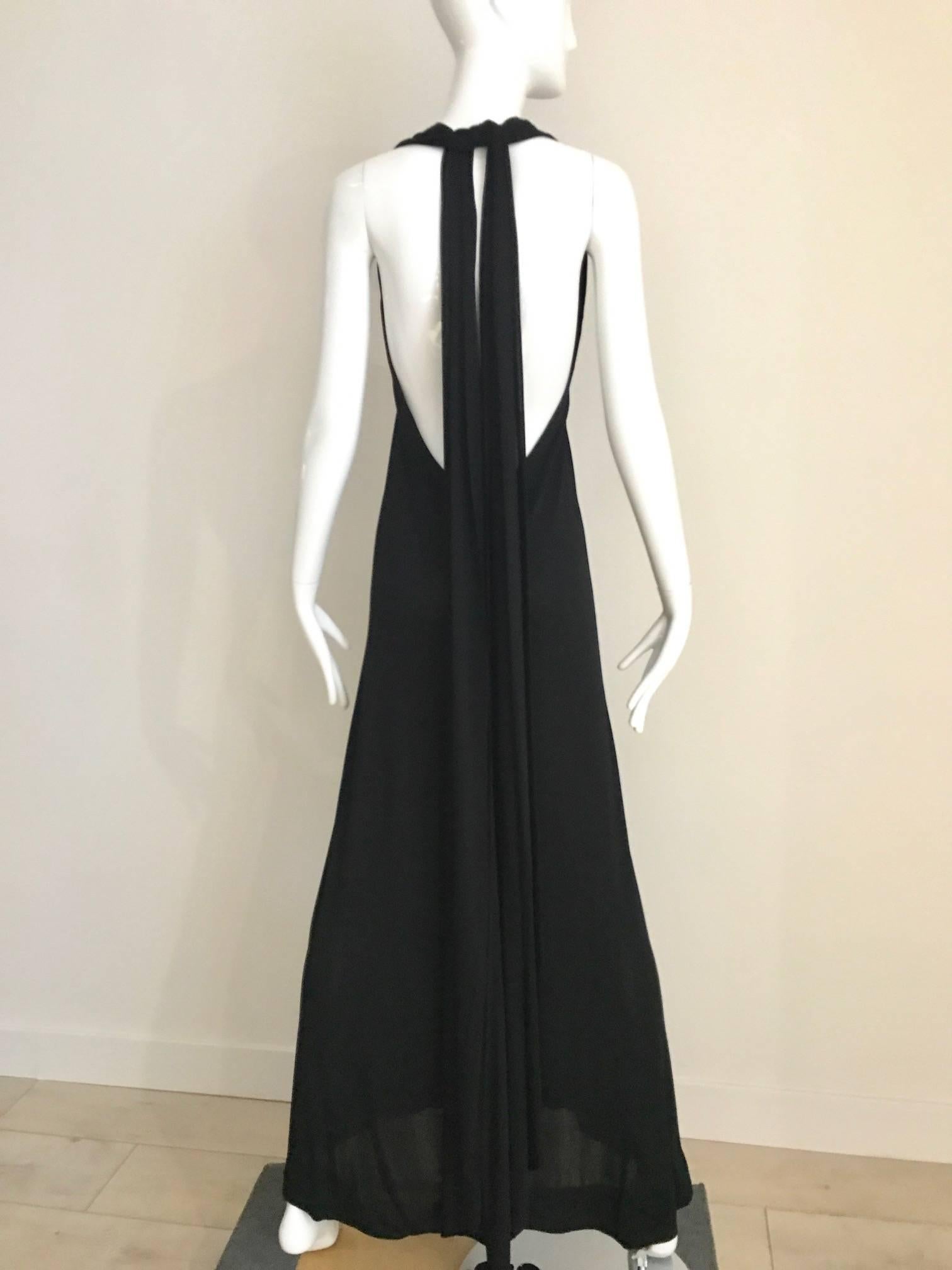 1970s HALSTON Black Jersey Plunging Neckline 70s Vintage Gown with long train In Excellent Condition In Beverly Hills, CA