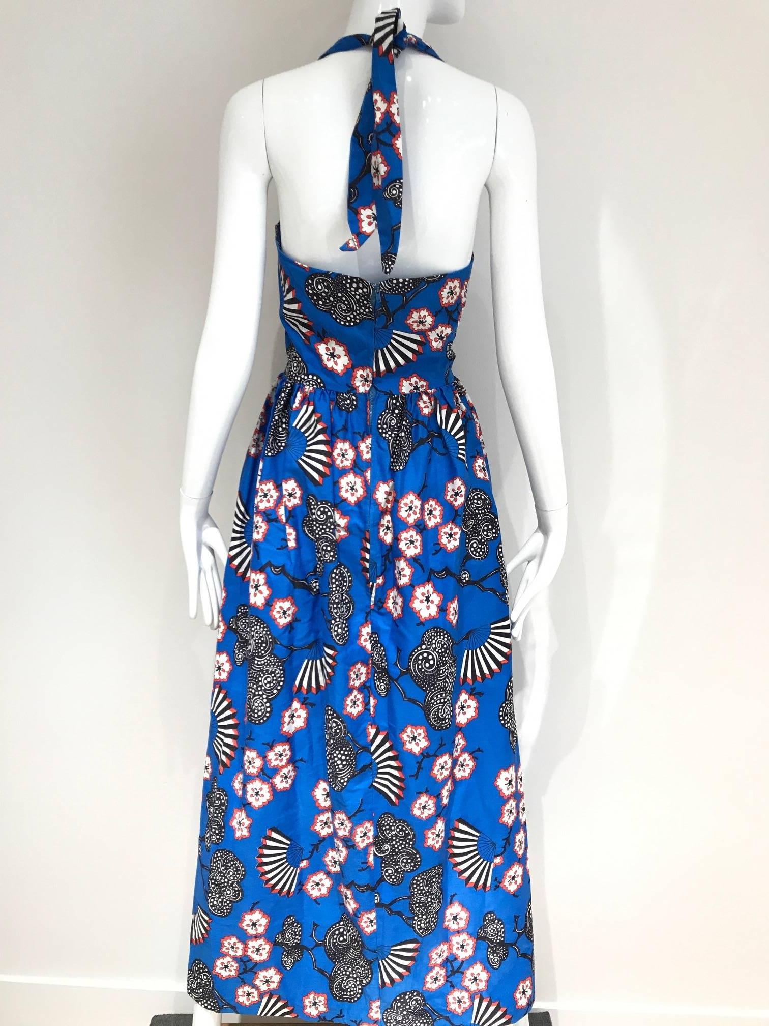 1970s Blue Cotton Cherry Blossom Print Halter Summer Maxi Dress  In Excellent Condition In Beverly Hills, CA