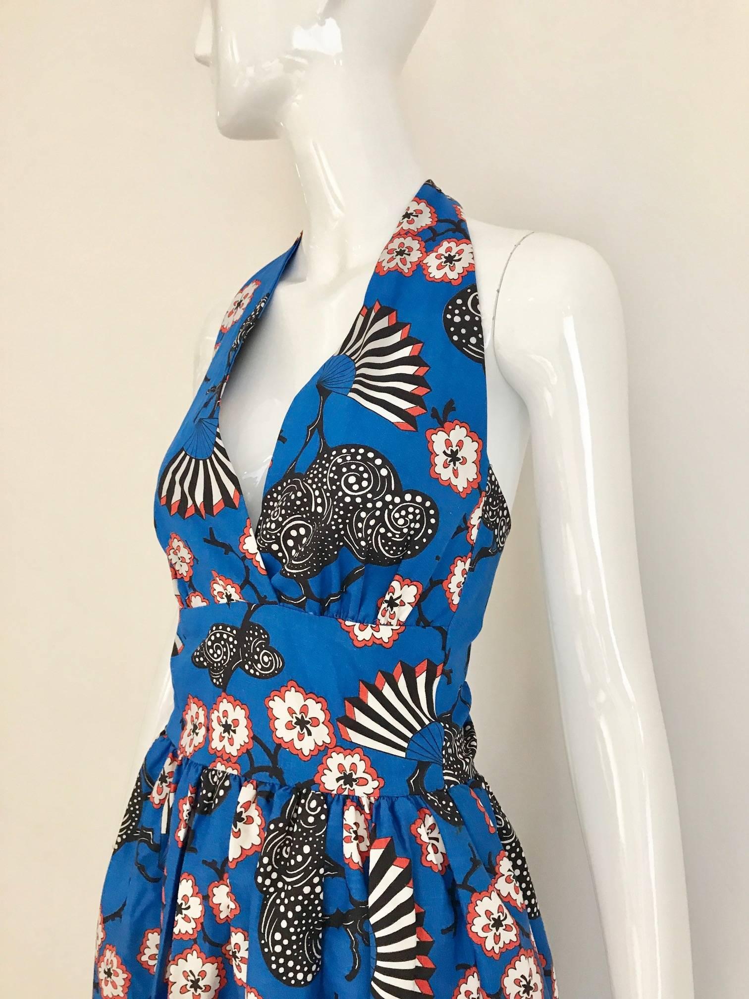 Women's 1970s Blue Cotton Cherry Blossom Print Halter Summer Maxi Dress 