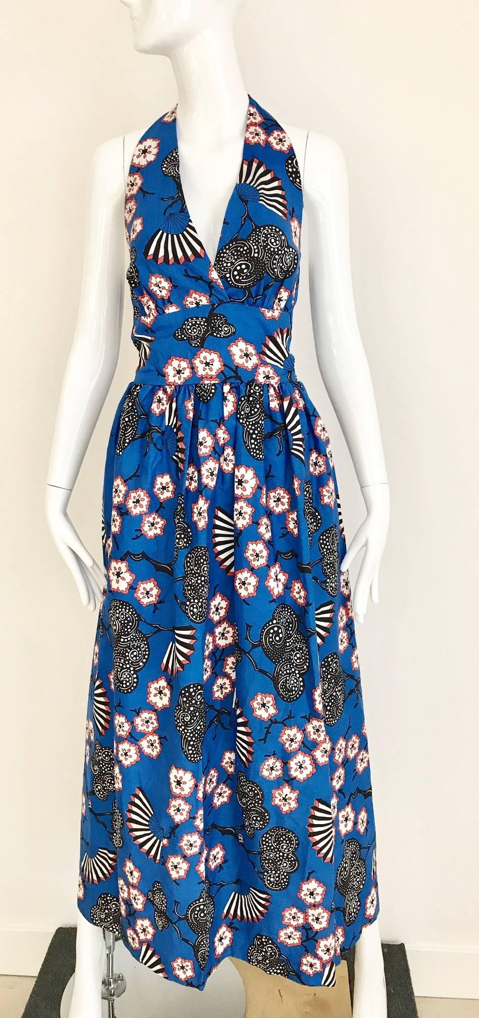 1970s Blue Cotton Cherry Blossom Print Halter Summer Maxi Dress  2