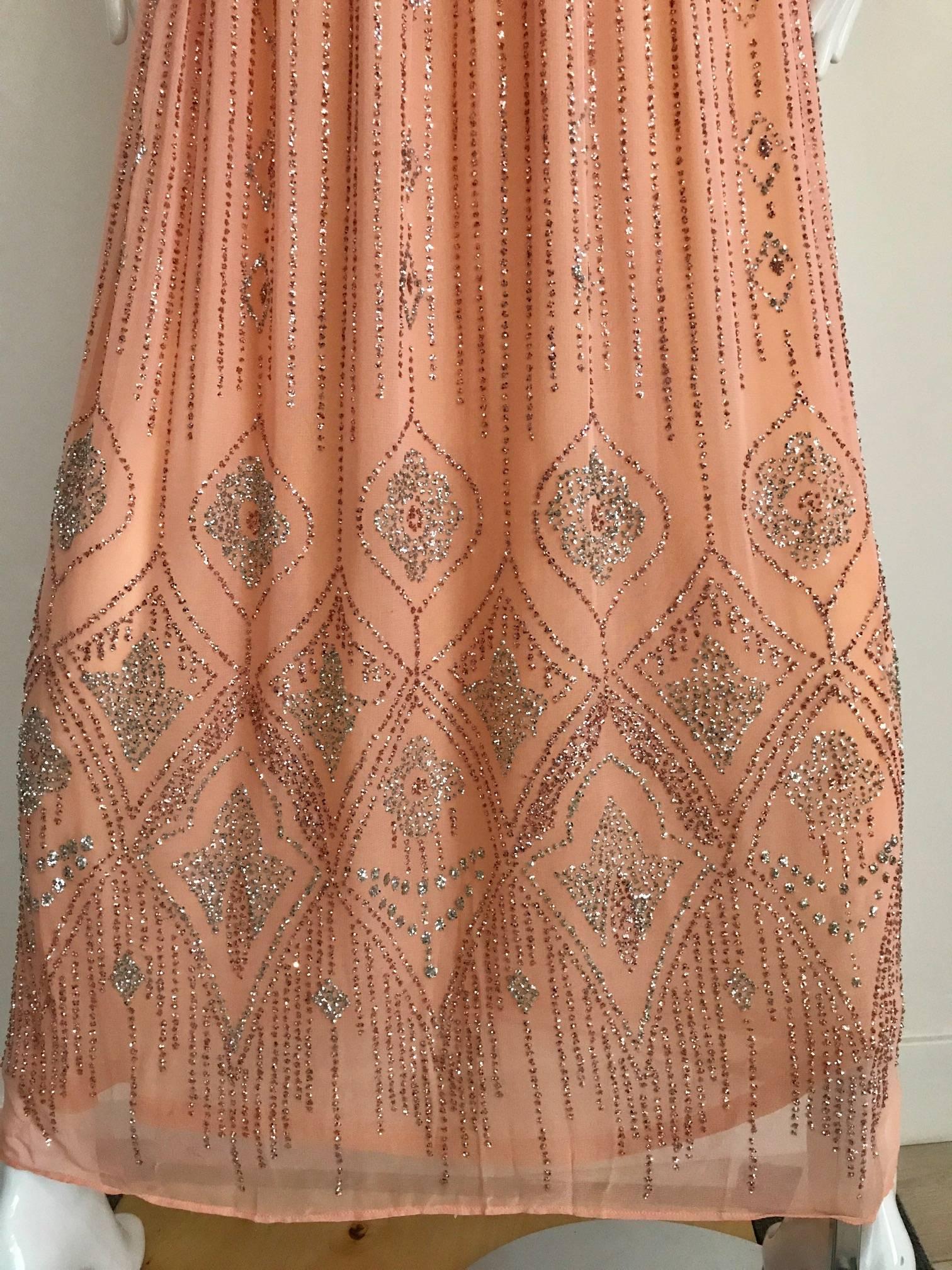 1970s Saks Fifth Ave peach dress with metallic glitter sequins maxi dress In Excellent Condition In Beverly Hills, CA
