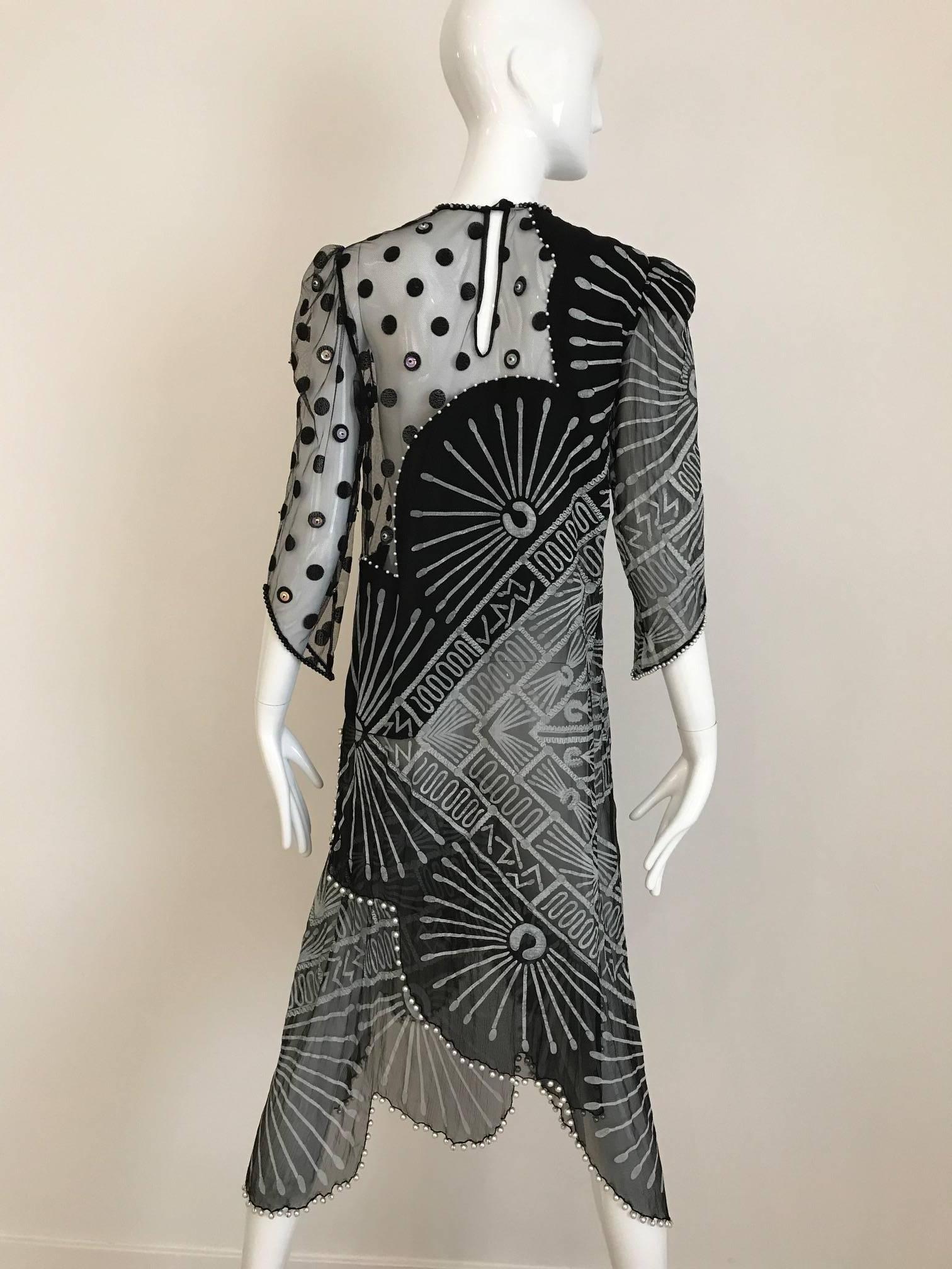 Vintage 1980s Zandra Rhodes black and gray print dress with with pearls 1