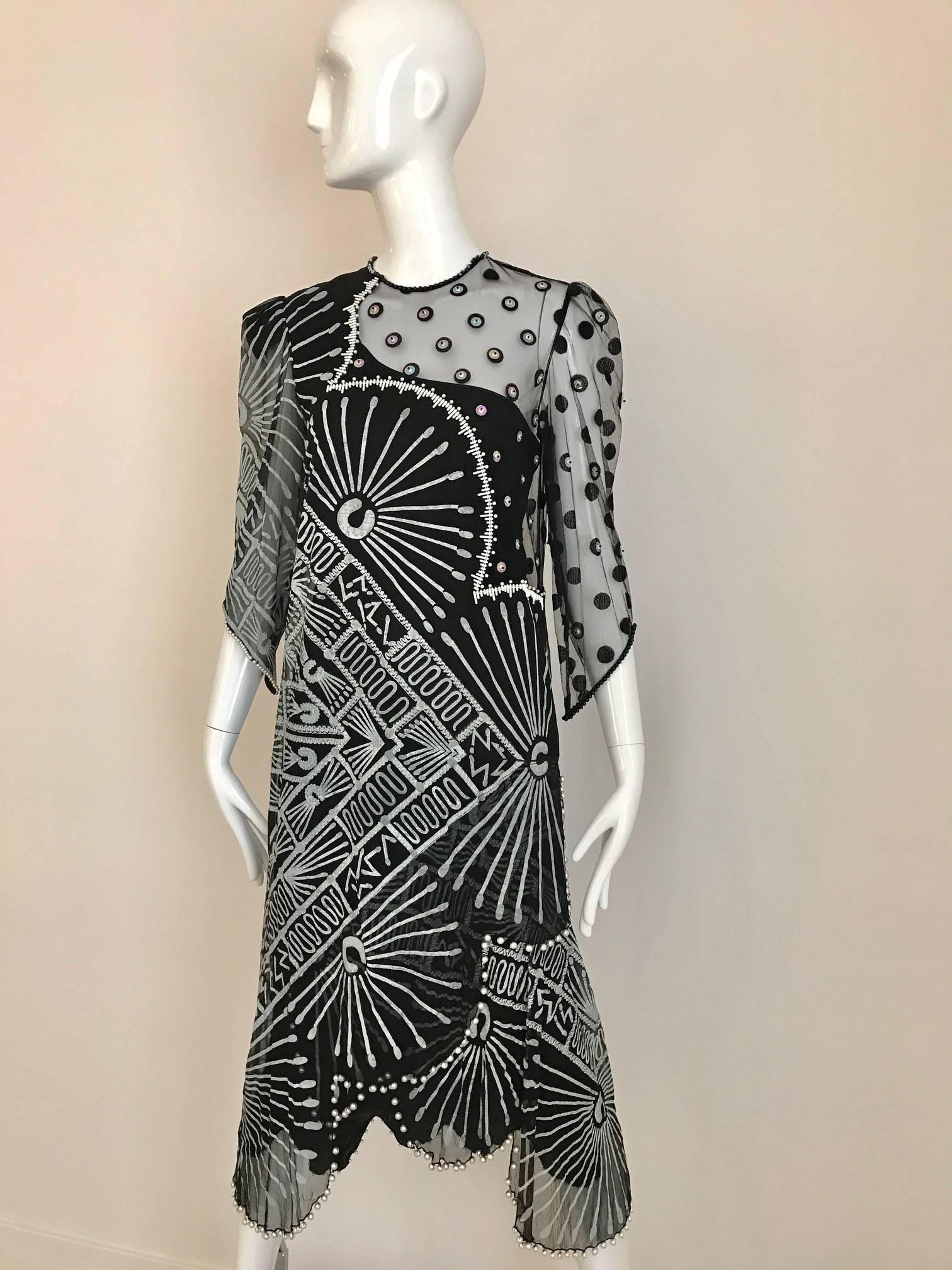 Vintage 1980s Zandra Rhodes black and gray print dress with with pearls 3