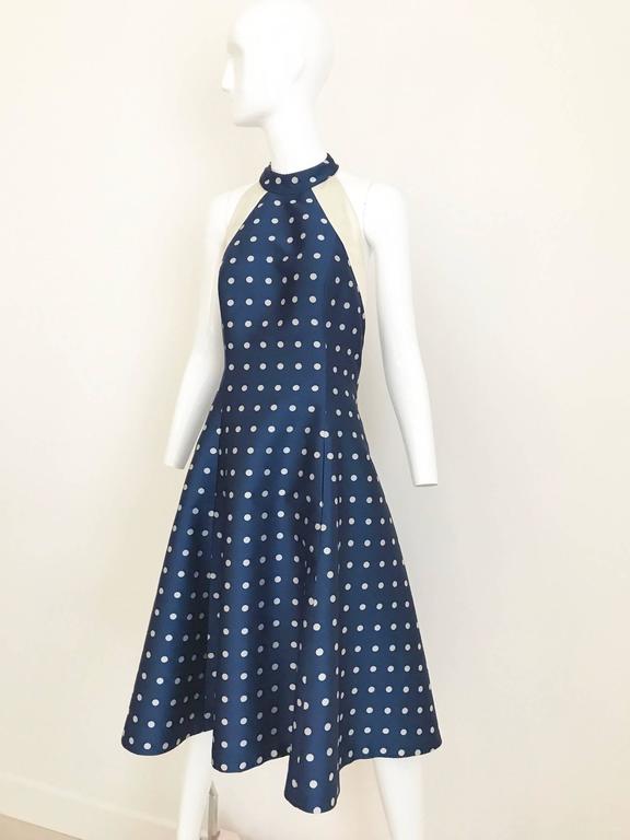 Blue 1950s blue and grey silk polkadot halter cocktail dress For Sale