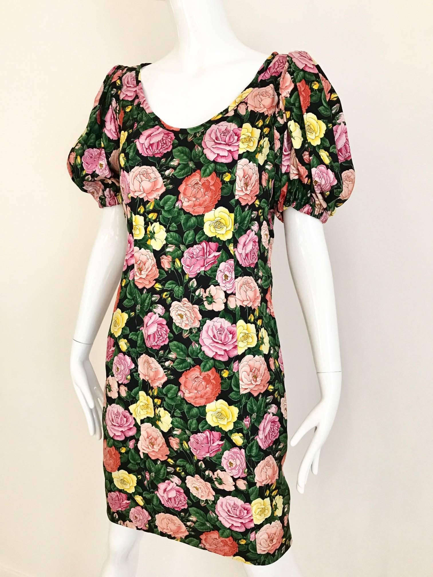 90s Yves saint Laurent rive gauche in pink, green, yellow and red rose print shift dress with puffy sleeve. Invisible side zipper and scoop neckline. (see ad campaign attached. Similar dress as worn by supermodel Karen Mulder shot by legendary