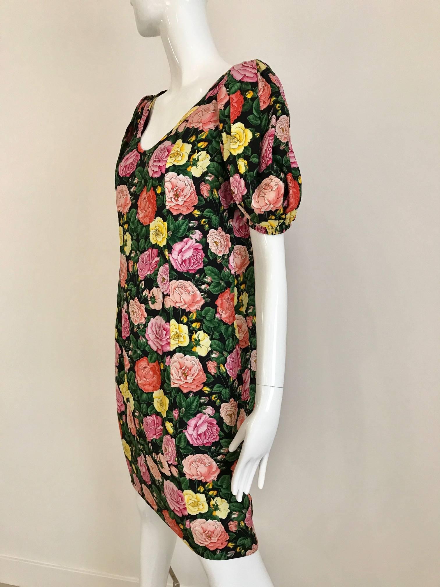 Vintage Yves Saint Laurent Floral Rose Print Cocktail Dress In Excellent Condition In Beverly Hills, CA