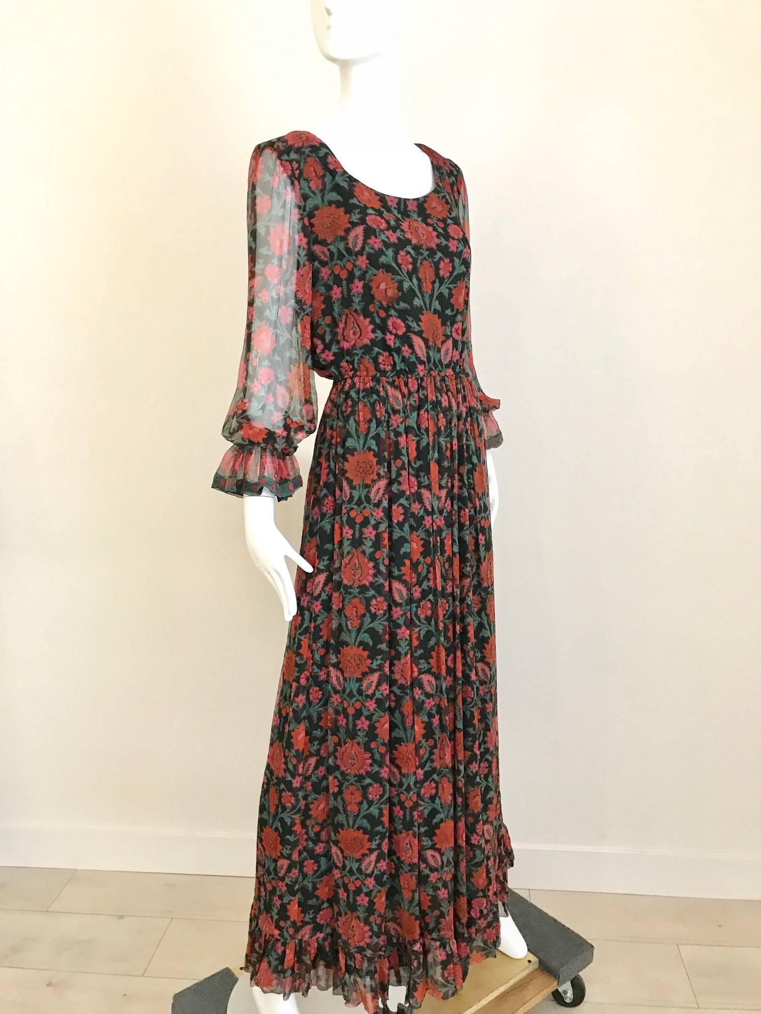 Black 1970s rose print silk floral bohemian maxi dress