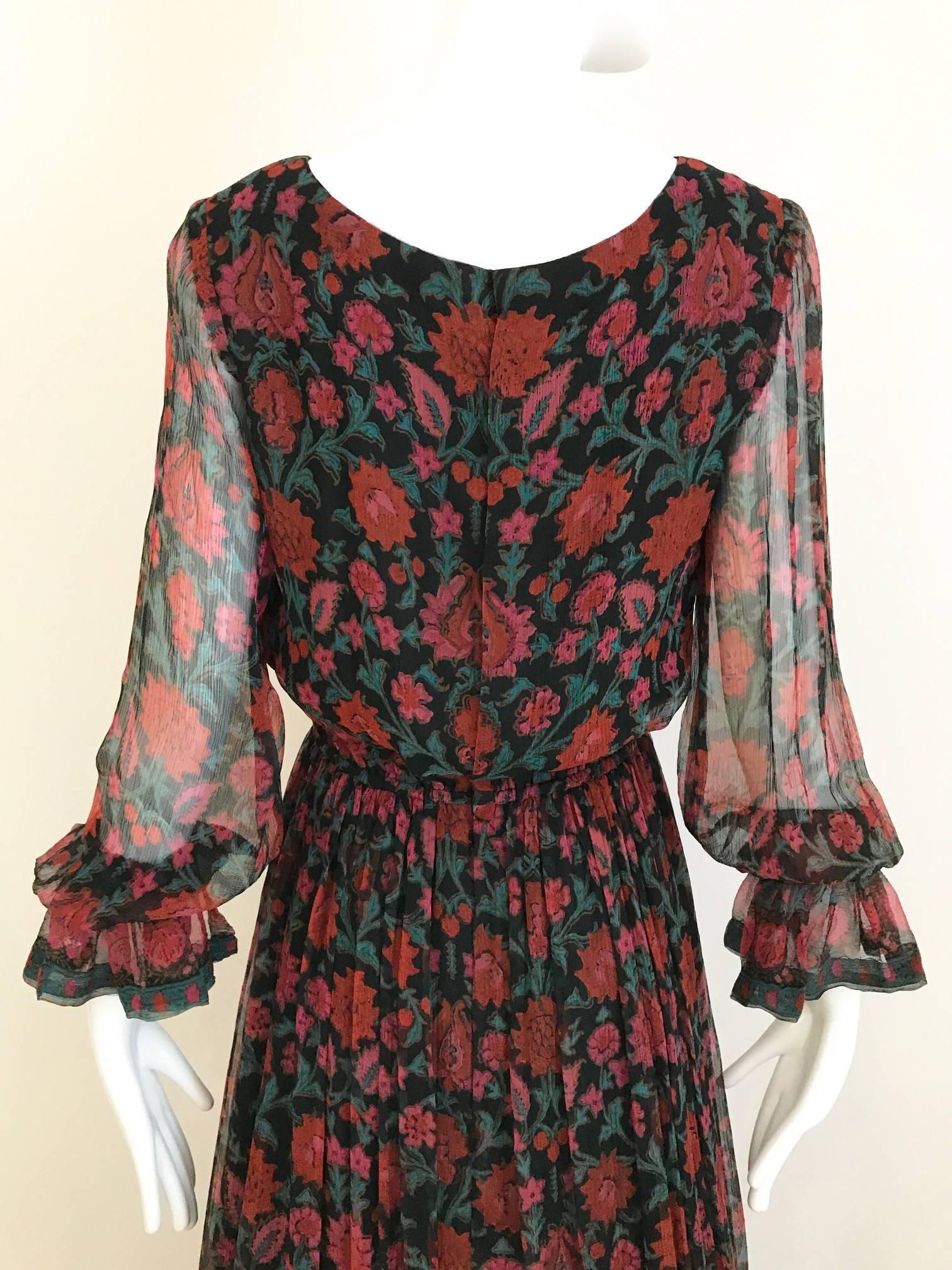 Women's 1970s rose print silk floral bohemian maxi dress