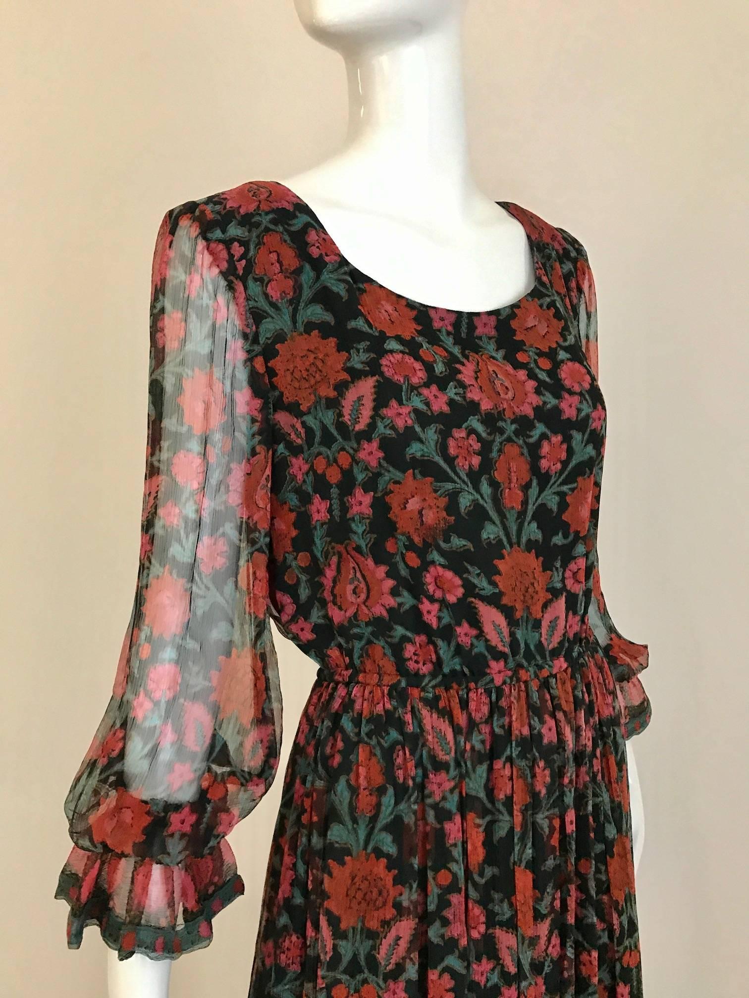 1970s rose print silk floral bohemian maxi dress 1