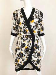 Vintage Saint Laurent Rive Gauche Black and Yellow Floral Print Wrap Dress