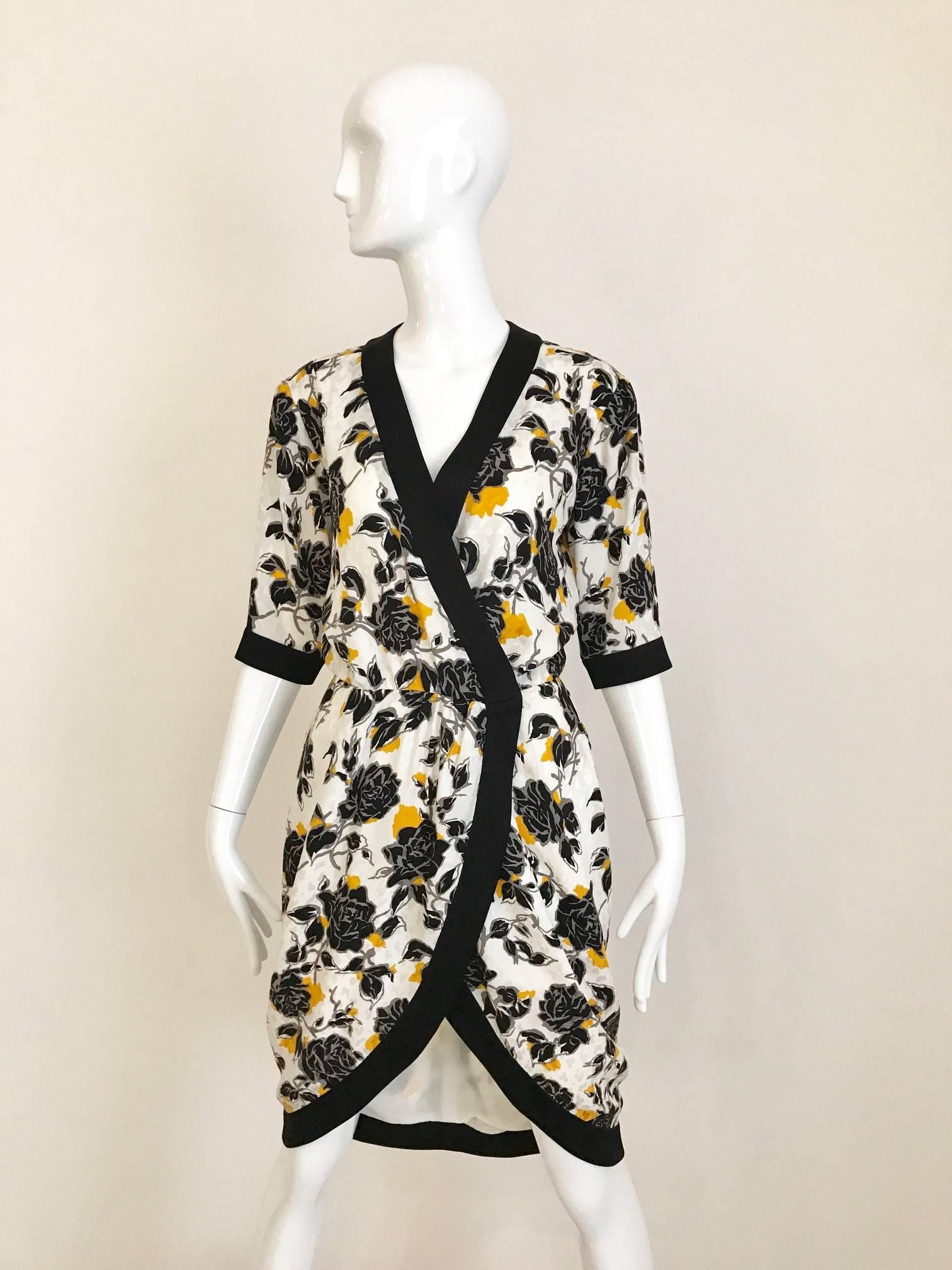 Vintage Saint Laurent Rive Gauche Black and Yellow Floral Print Wrap Dress For Sale 2