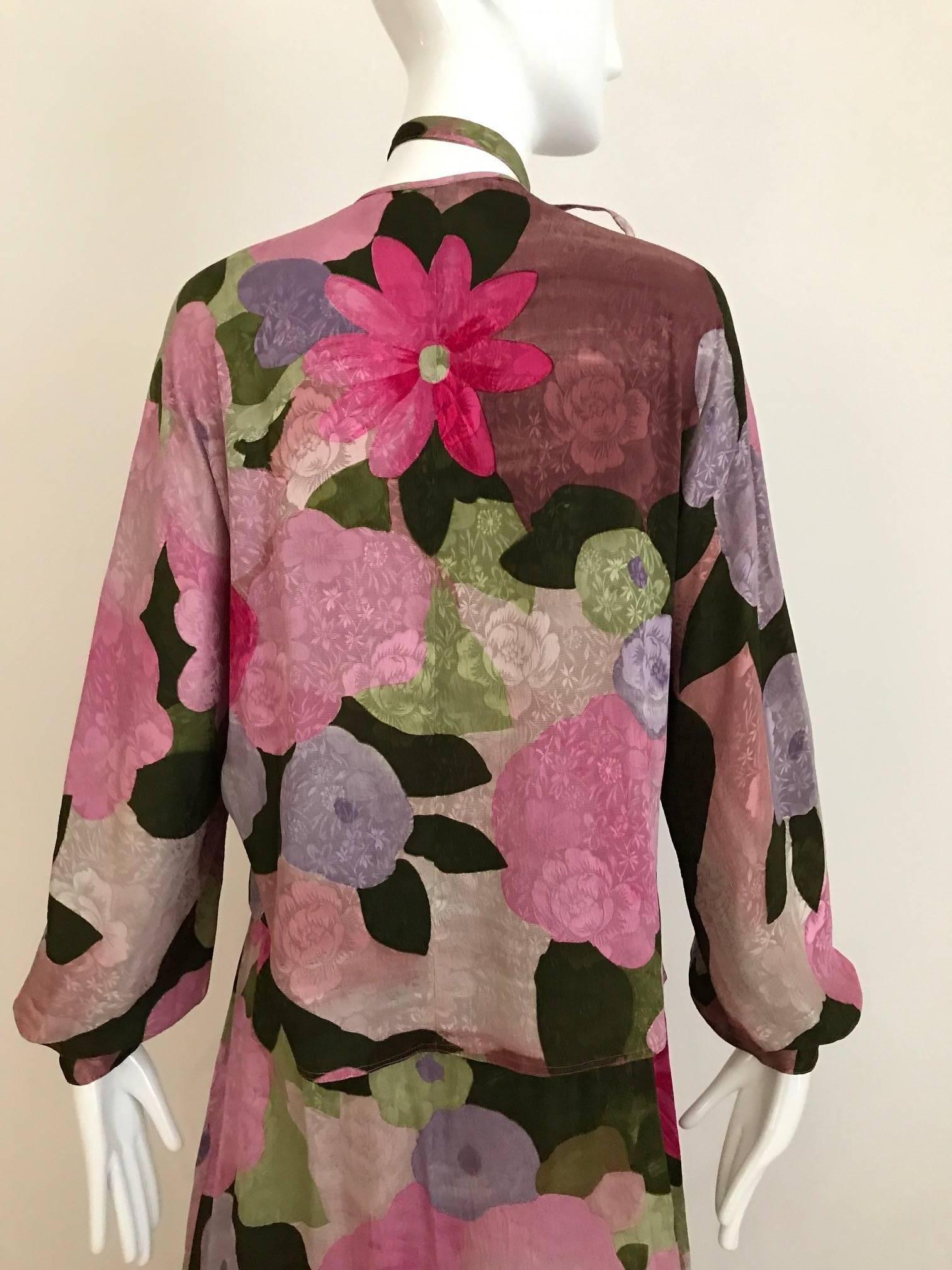 1970s Geoffrey Beene pink and green floral print silk ensemble 3