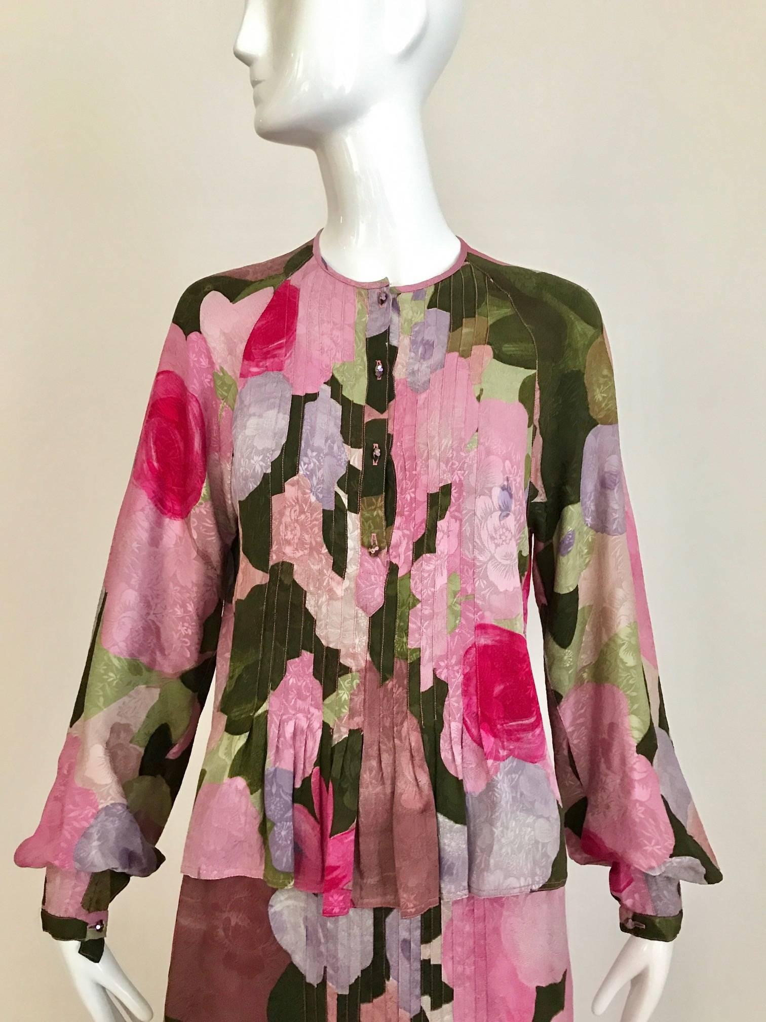 Brown 1970s Geoffrey Beene pink and green floral print silk ensemble
