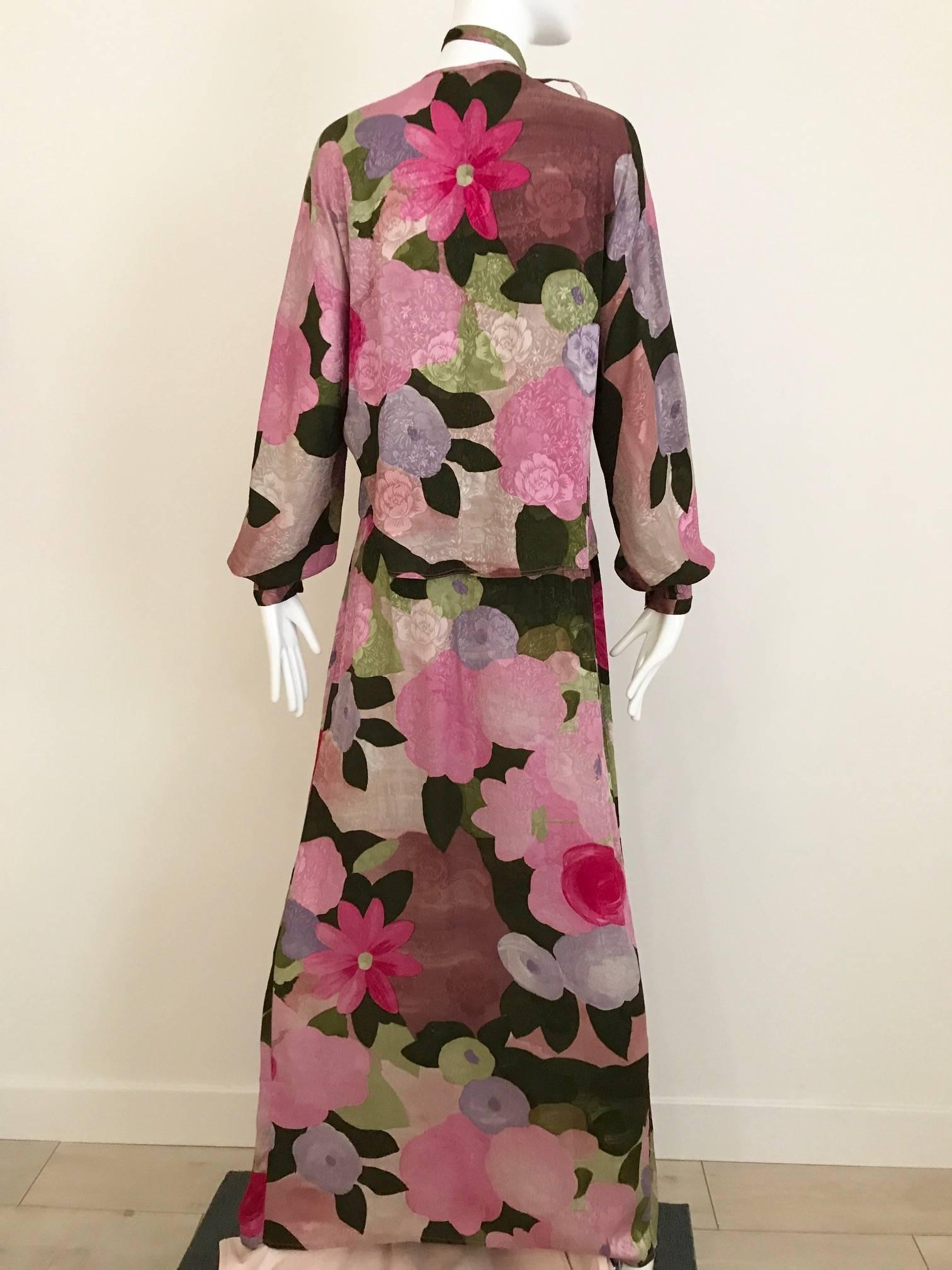 1970s Geoffrey Beene pink and green floral print silk ensemble 1