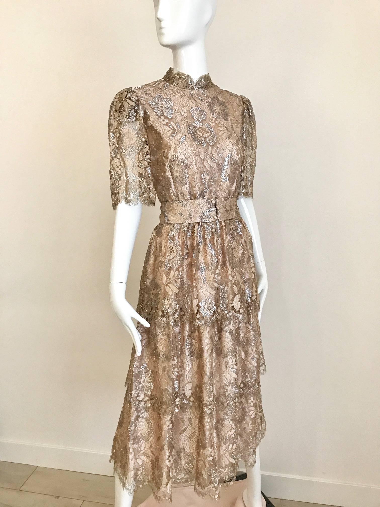 1970s Metalic Lace Cocktail Dress In Excellent Condition In Beverly Hills, CA