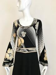 1970s Leonard Floral Print Black and White Jersey Maxi Dress