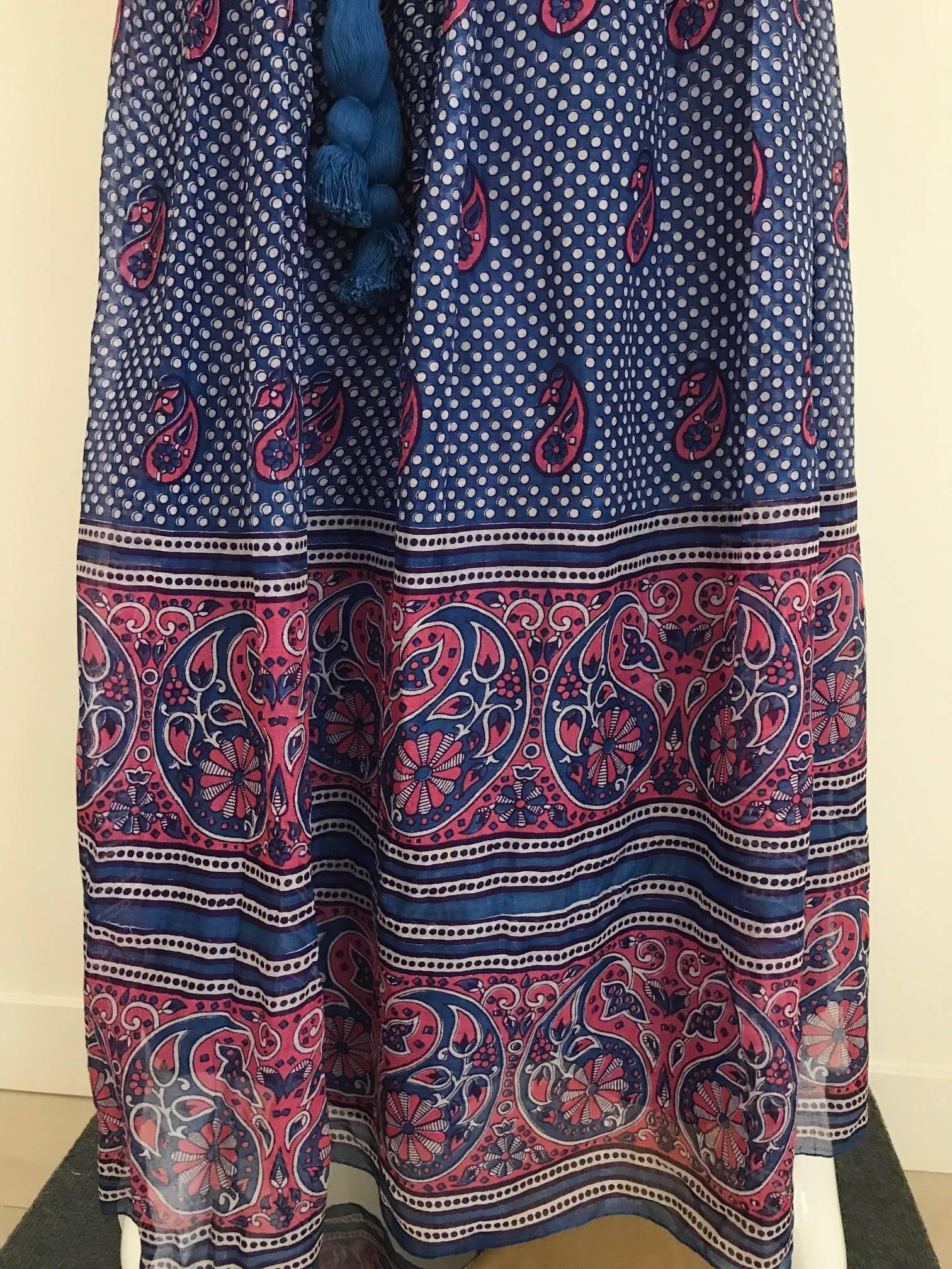 Women's 1970s Vintage Blue and Pink Paisley Print Off Shoulder 70s Maxi Dress