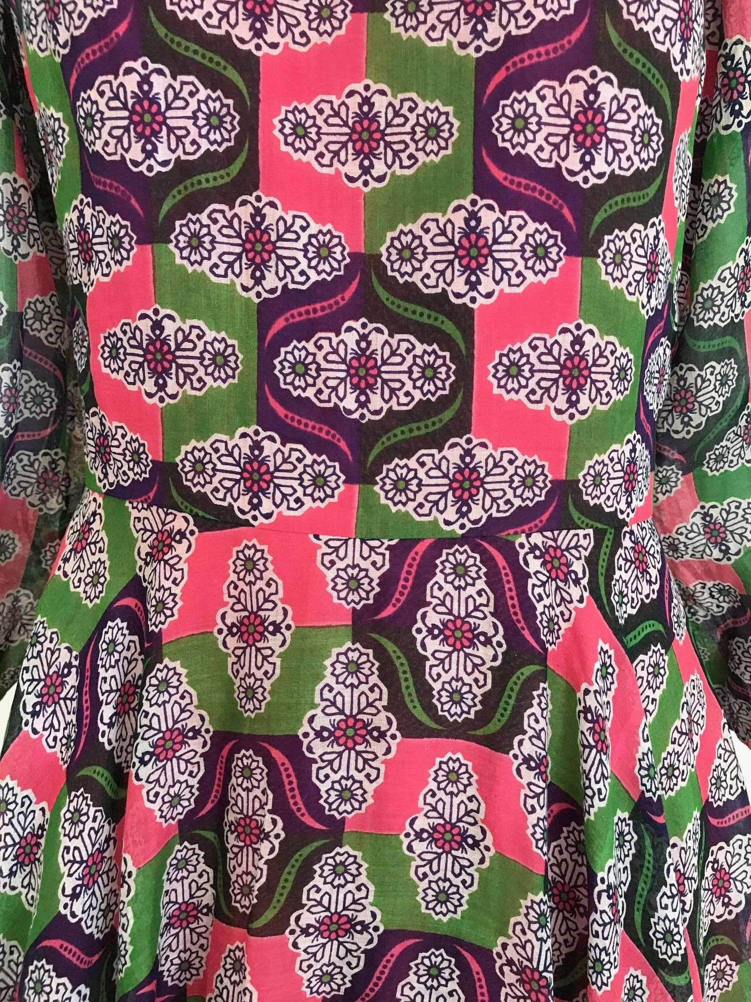 Women's  1970s Indian Print Multi Color Cotton 70s vintage Summer dress